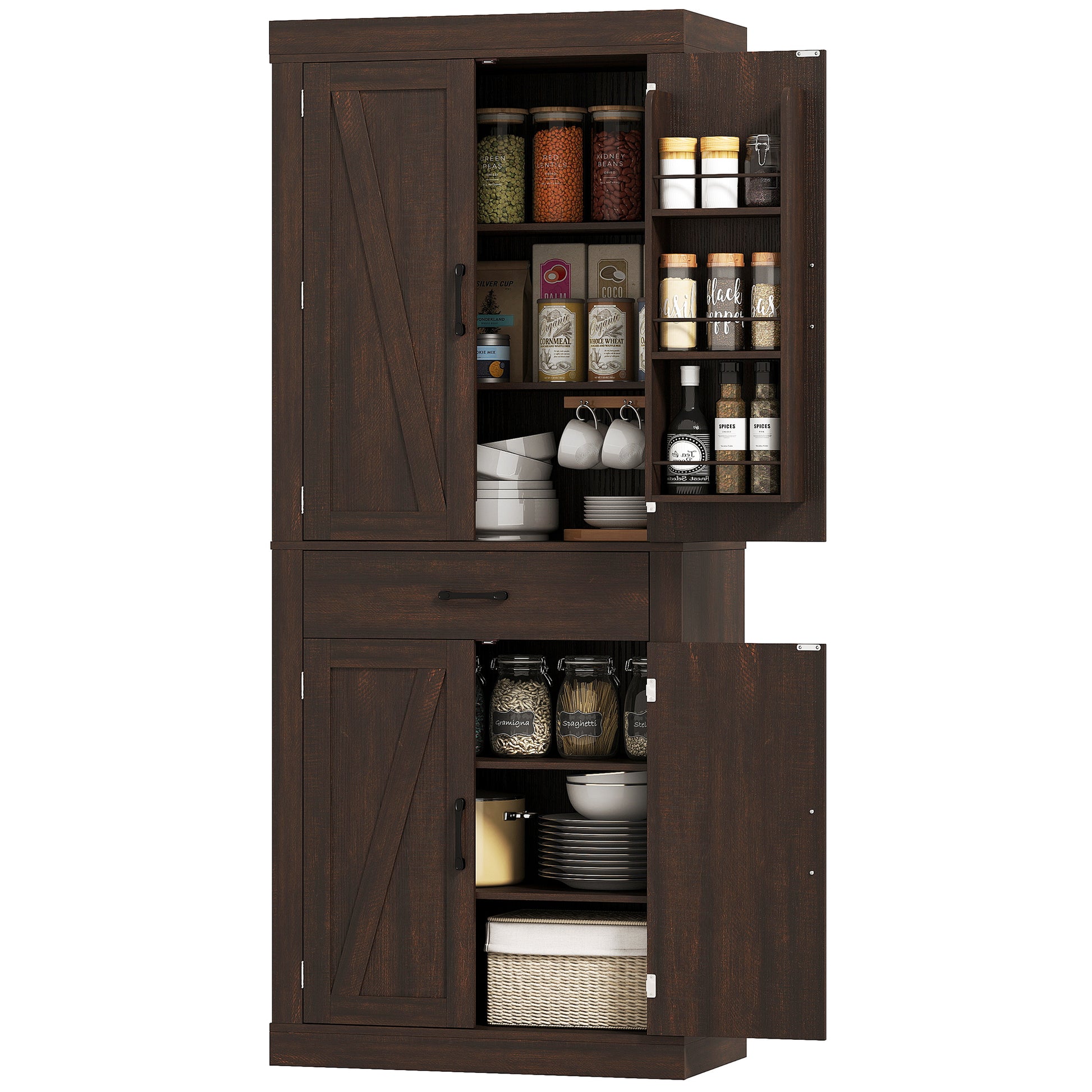 72" Kitchen Pantry Cabinet, Farmhouse Kitchen Storage Cabinet with 4 Barn Doors, 6 Door Shelves, Drawer, Brown-Home Furnishings > Storage & Organization > Kitchen Pantry Cabinets-DECOROLALA