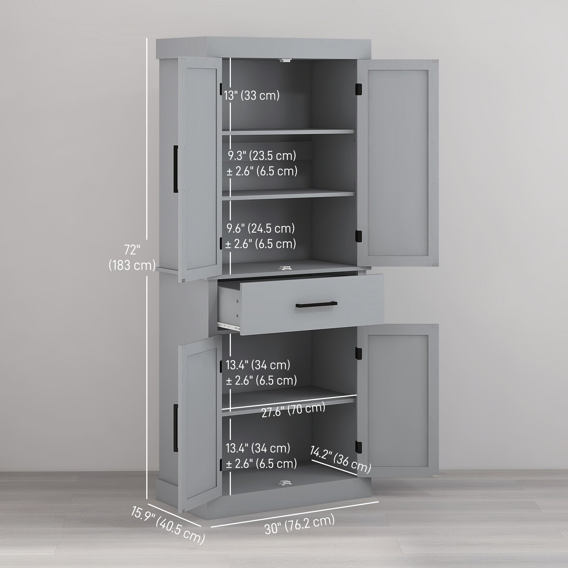 72" Kitchen Pantry Cabinet - Grey Barn Doors Farmhouse Storage with Drawer, Adjustable Shelves-DECOROLALA