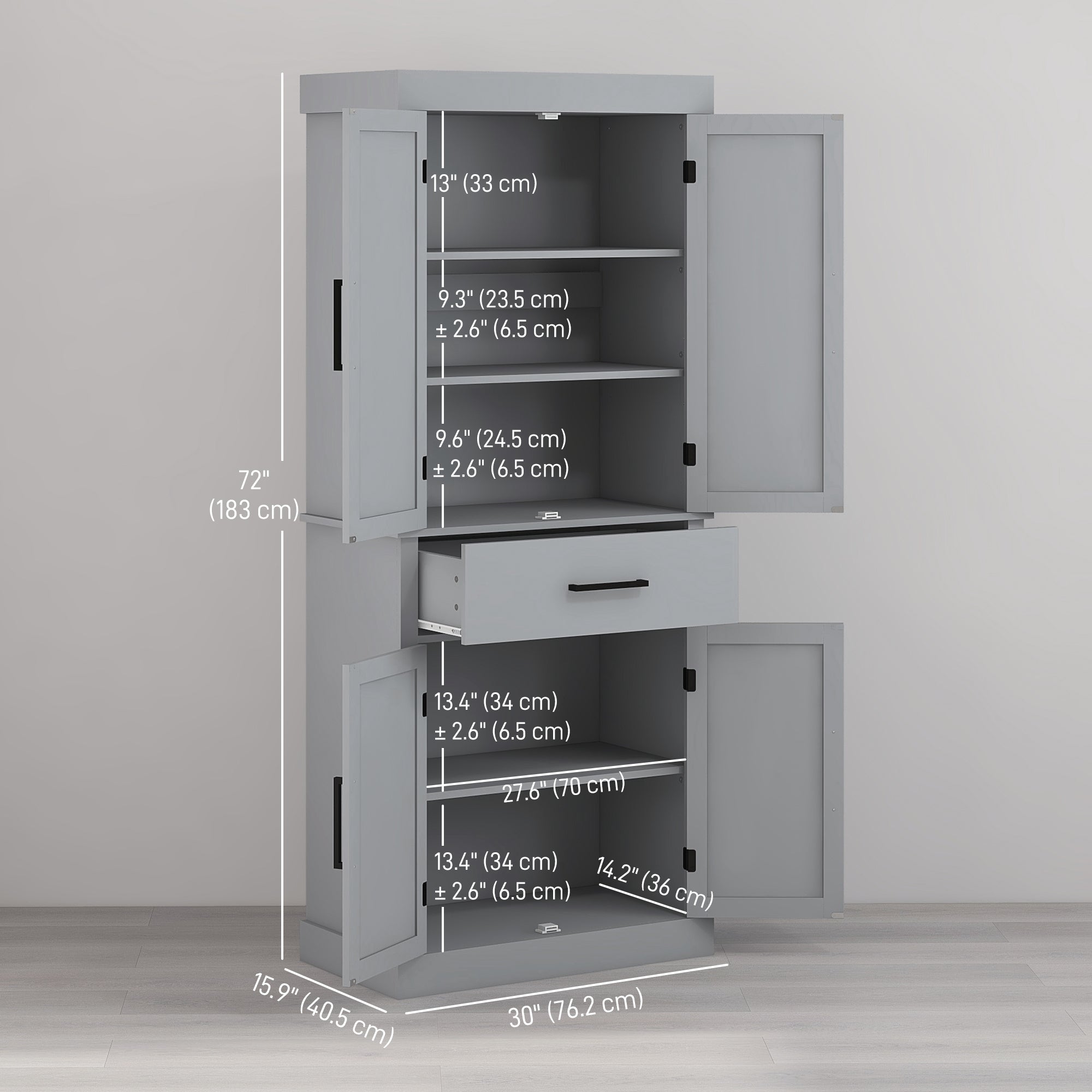72" Kitchen Pantry Cabinet - Grey Barn Doors Farmhouse Storage with Drawer, Adjustable Shelves-DECOROLALA