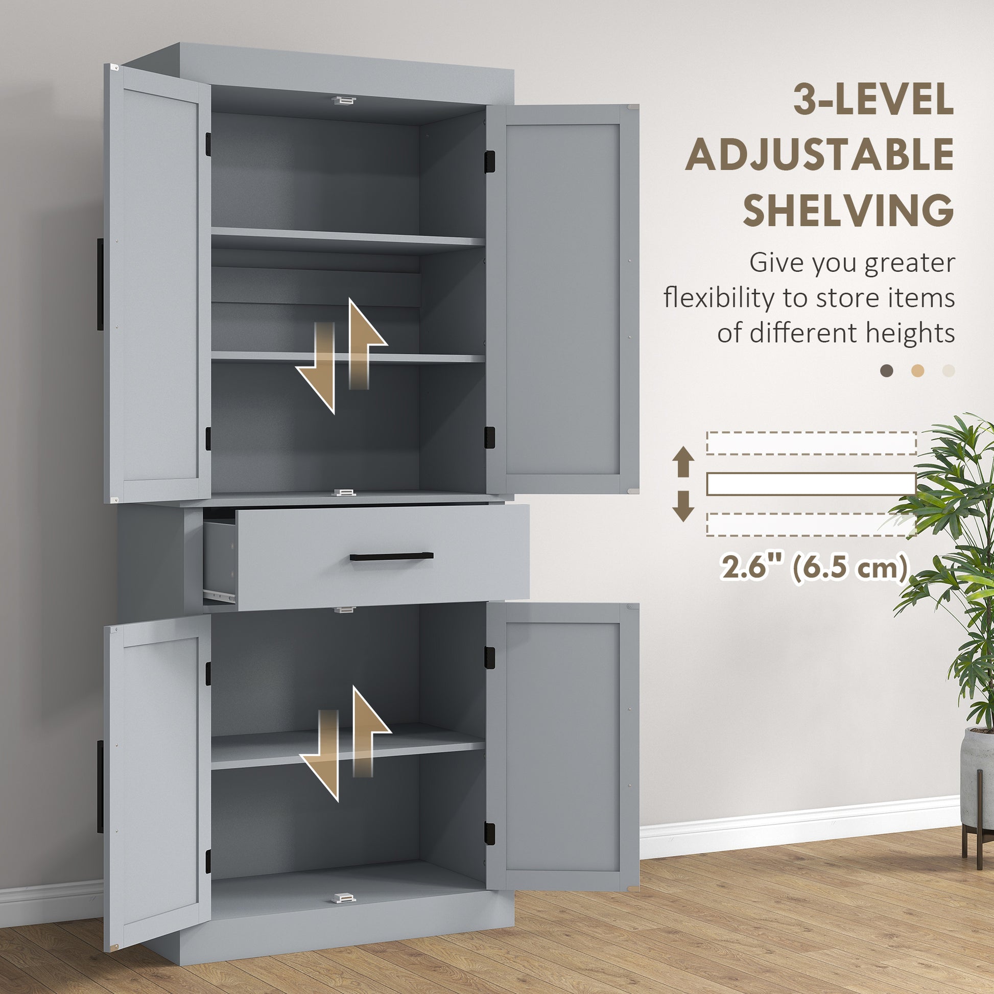 72" Kitchen Pantry Cabinet - Grey Barn Doors Farmhouse Storage with Drawer, Adjustable Shelves-DECOROLALA