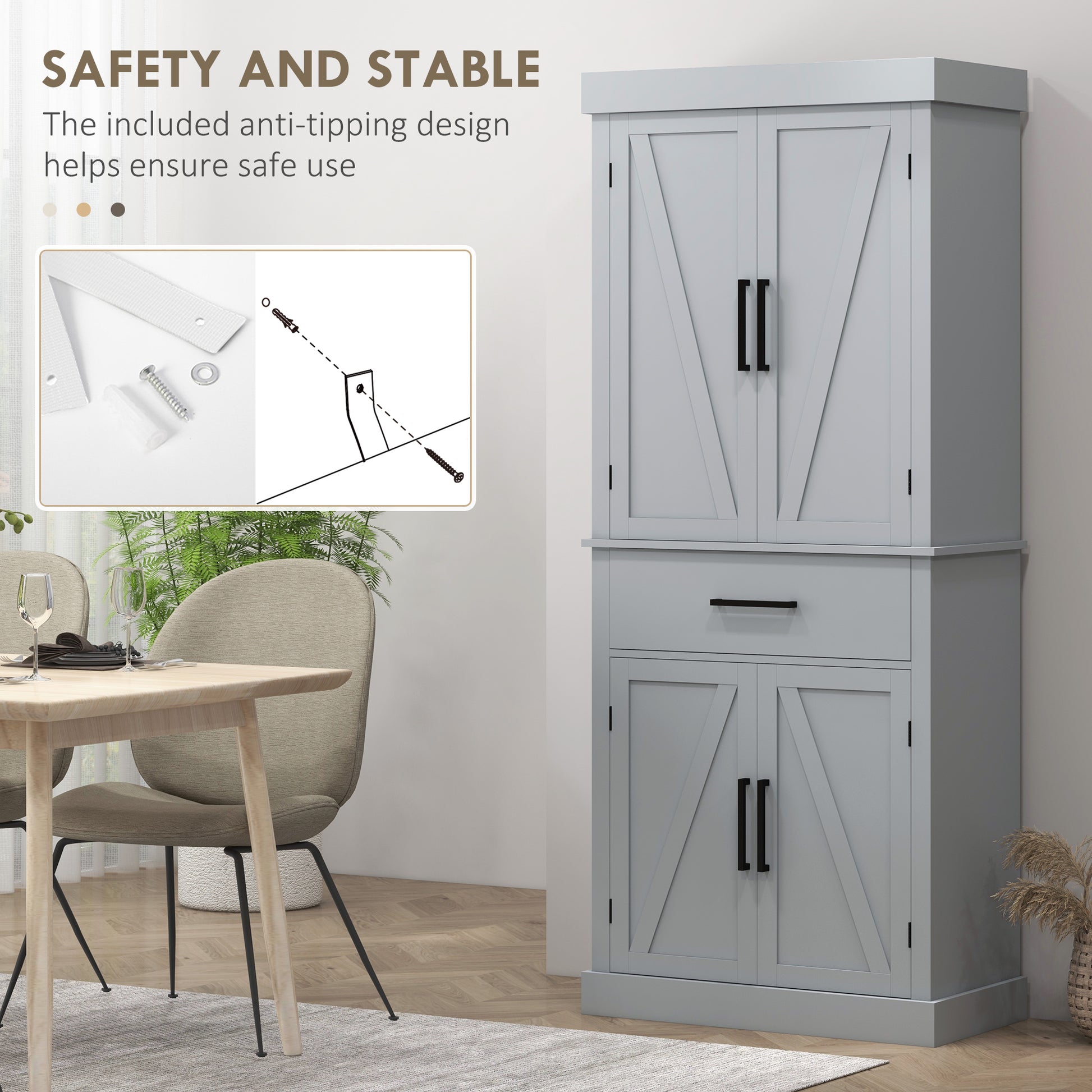 72" Kitchen Pantry Cabinet - Grey Barn Doors Farmhouse Storage with Drawer, Adjustable Shelves-DECOROLALA