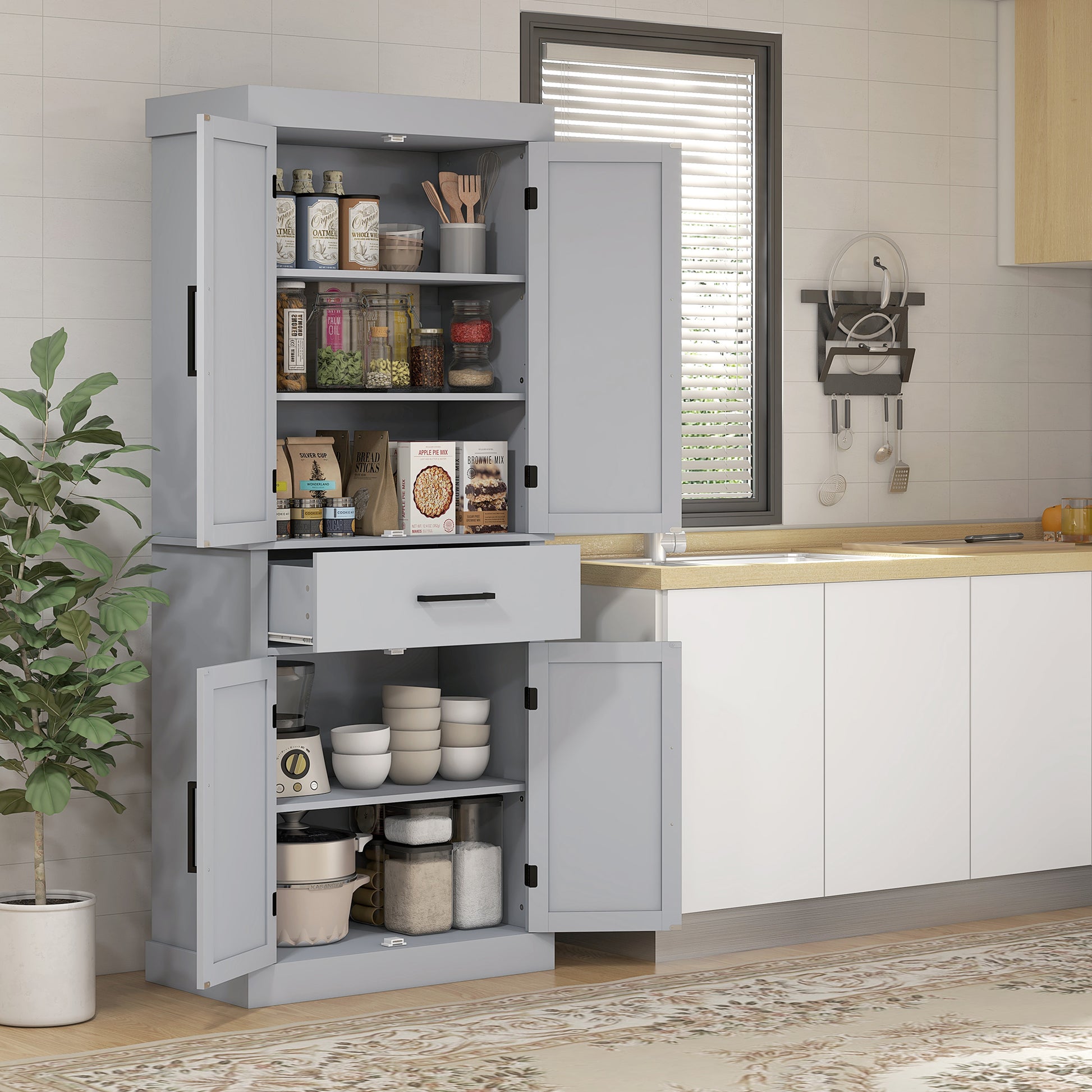 72" Kitchen Pantry Cabinet - Grey Barn Doors Farmhouse Storage with Drawer, Adjustable Shelves-DECOROLALA