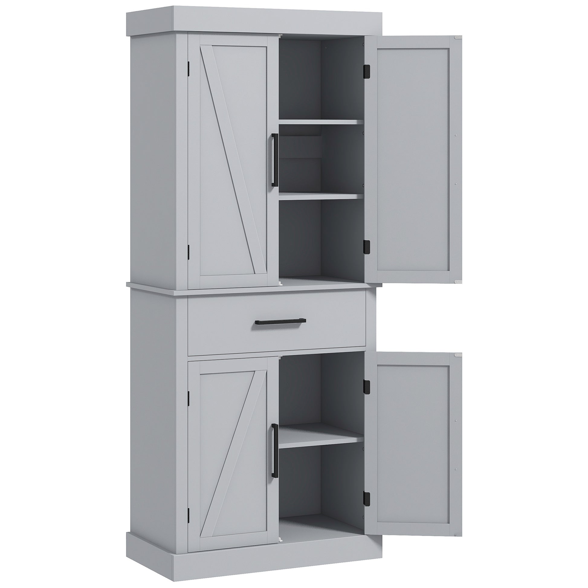 72" Kitchen Pantry Cabinet - Grey Barn Doors Farmhouse Storage with Drawer, Adjustable Shelves-DECOROLALA
