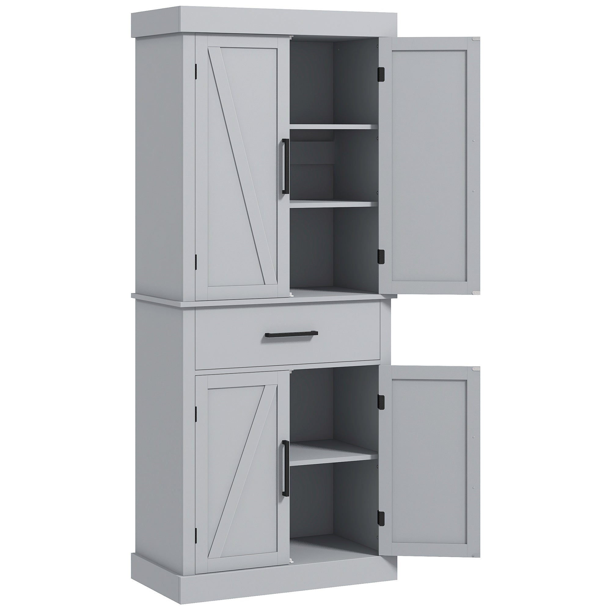 72" Kitchen Pantry Cabinet - Grey Barn Doors Farmhouse Storage with Drawer, Adjustable Shelves-DECOROLALA