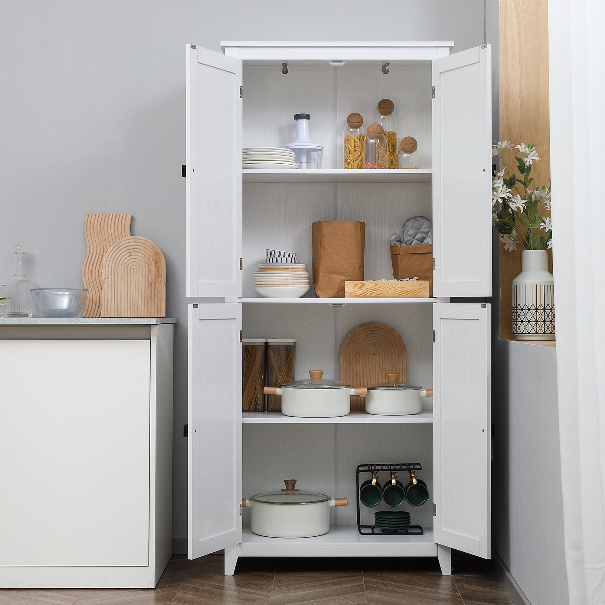 72" Kitchen Pantry Cabinet - White Barn Door-DECOROLALA