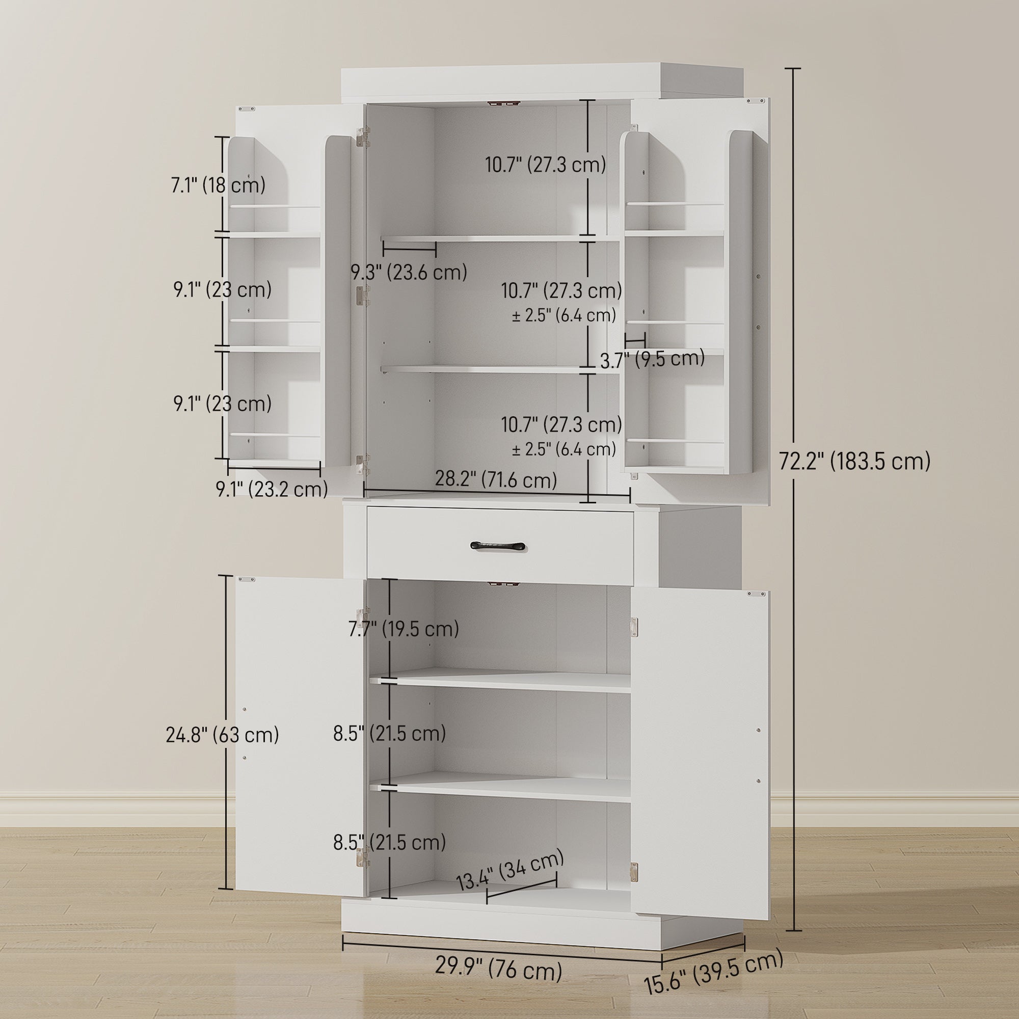 72" Kitchen Pantry Cabinet - White Farmhouse 4 Barn Doors-DECOROLALA