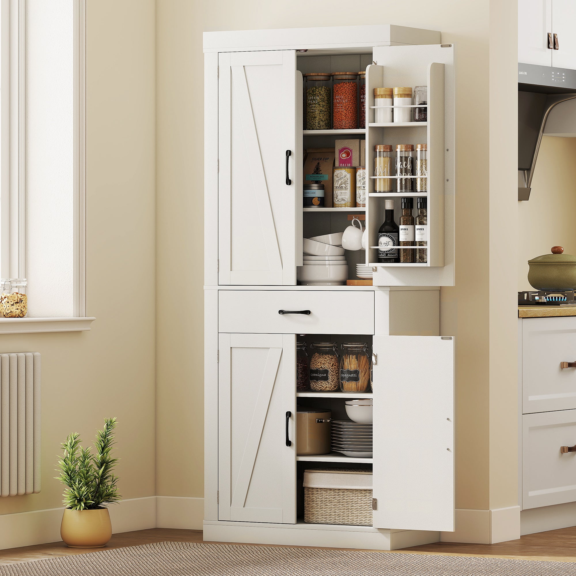 72" Kitchen Pantry Cabinet - White Farmhouse 4 Barn Doors-DECOROLALA