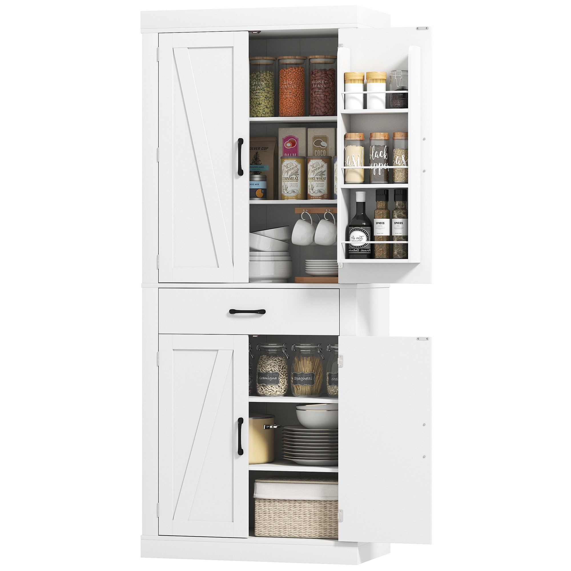 72" Kitchen Pantry Cabinet - White Farmhouse 4 Barn Doors-DECOROLALA
