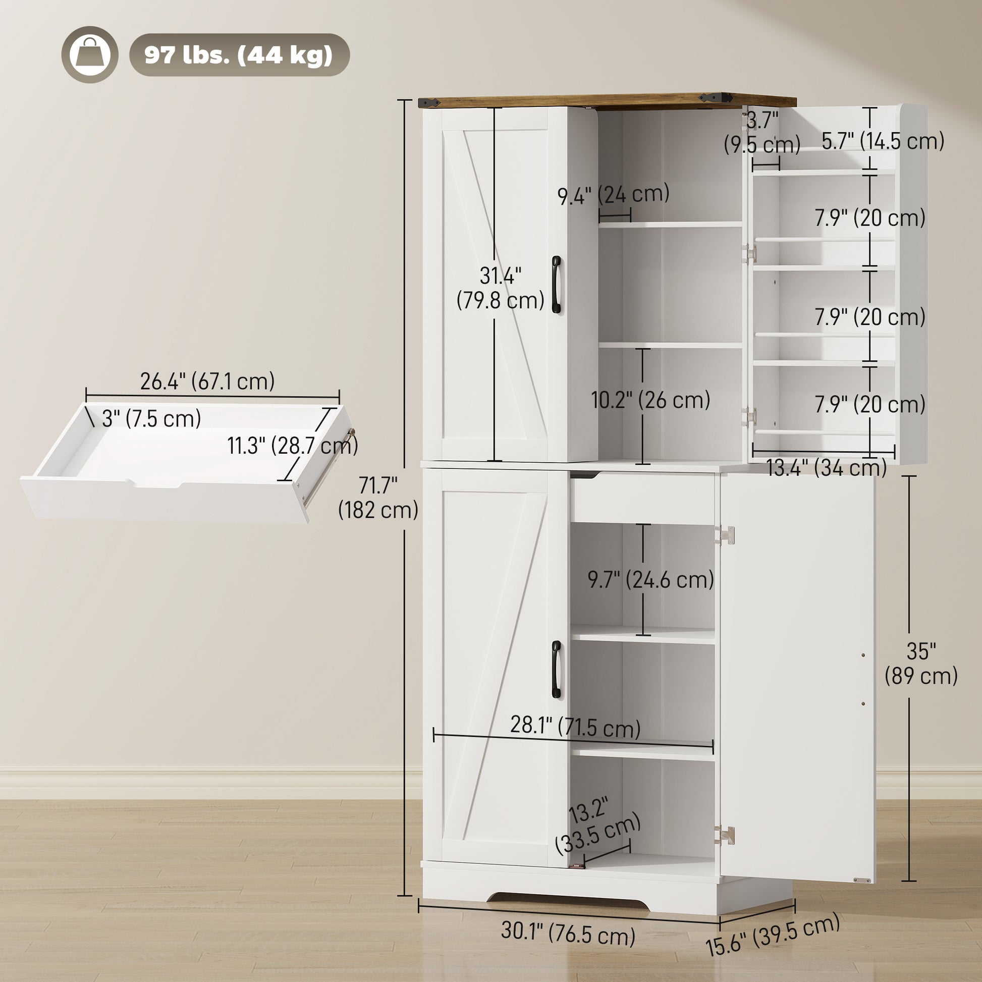 72" Kitchen Pantry Cabinet - White Farmhouse 4 Door Storage-DECOROLALA