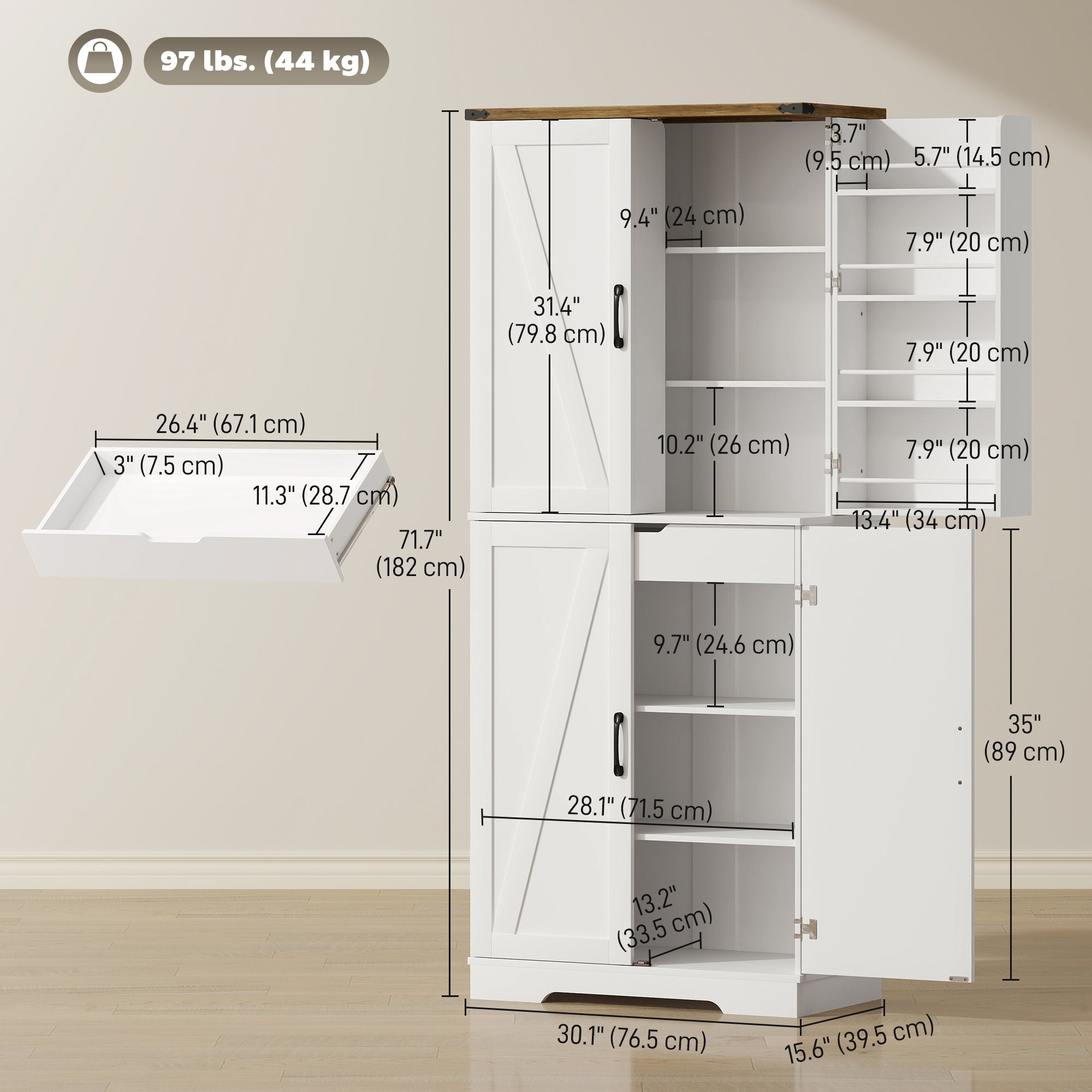72" Kitchen Pantry Cabinet - White Farmhouse 4 Door Storage-DECOROLALA