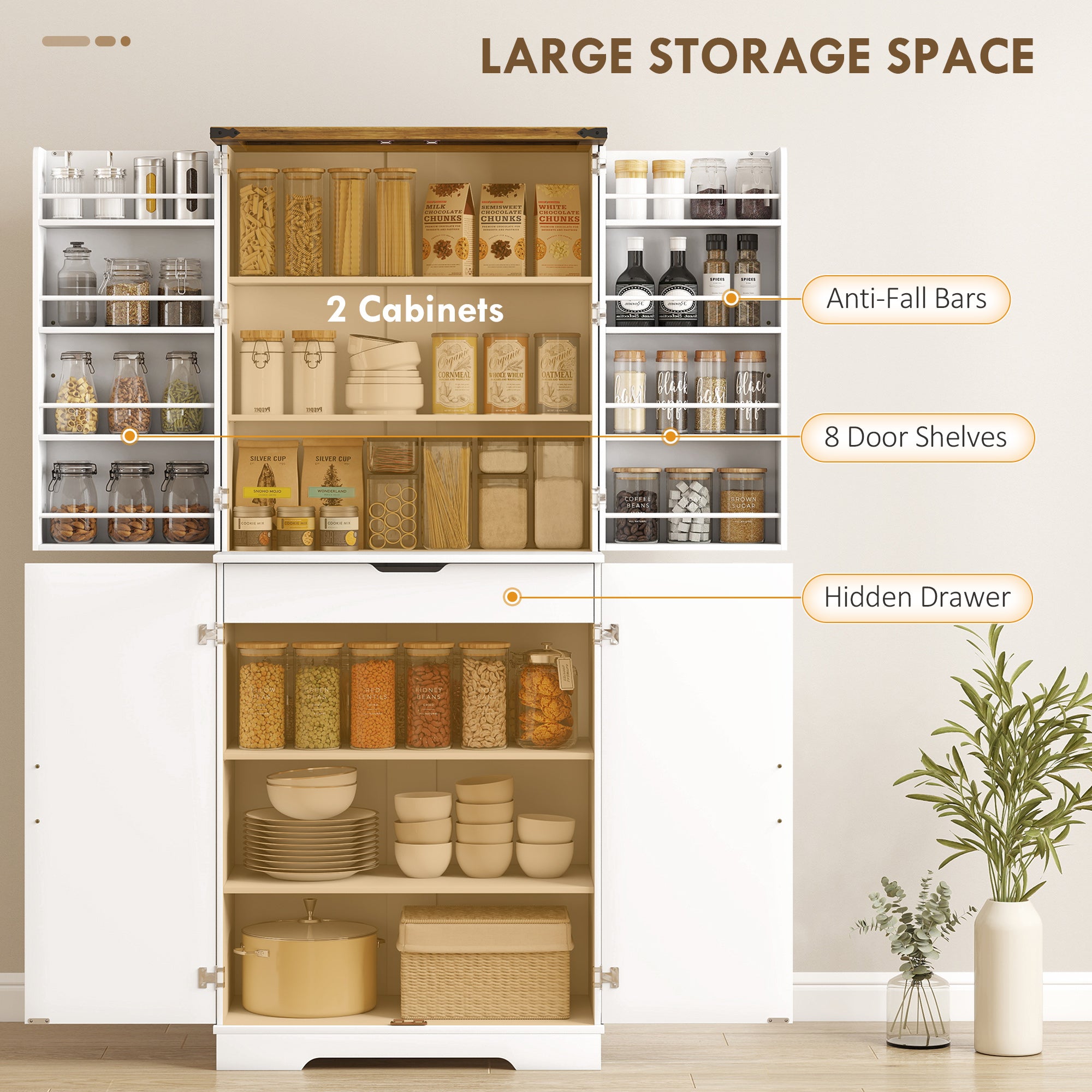 72" Kitchen Pantry Cabinet - White Farmhouse 4 Door Storage-DECOROLALA