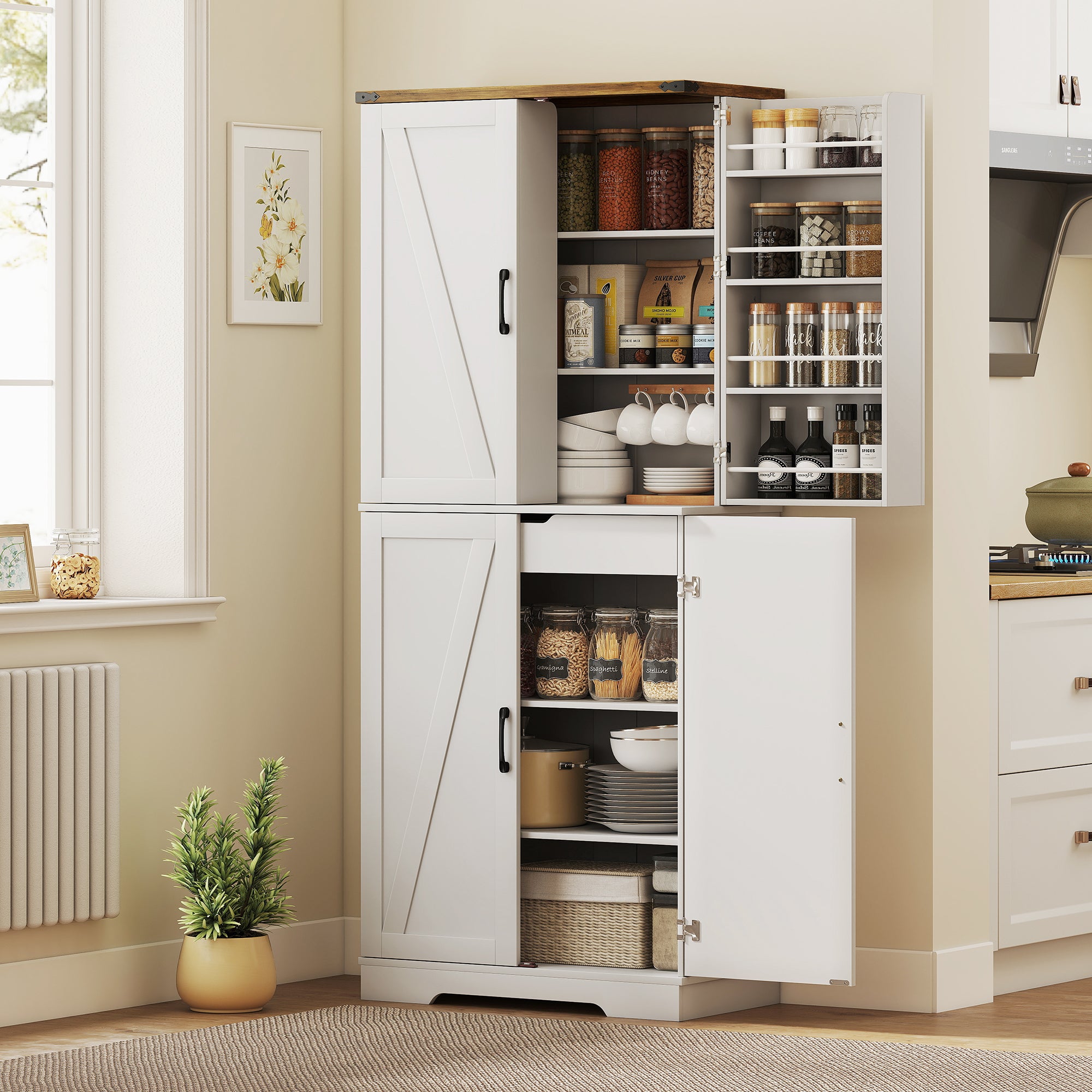 72" Kitchen Pantry Cabinet - White Farmhouse 4 Door Storage-DECOROLALA