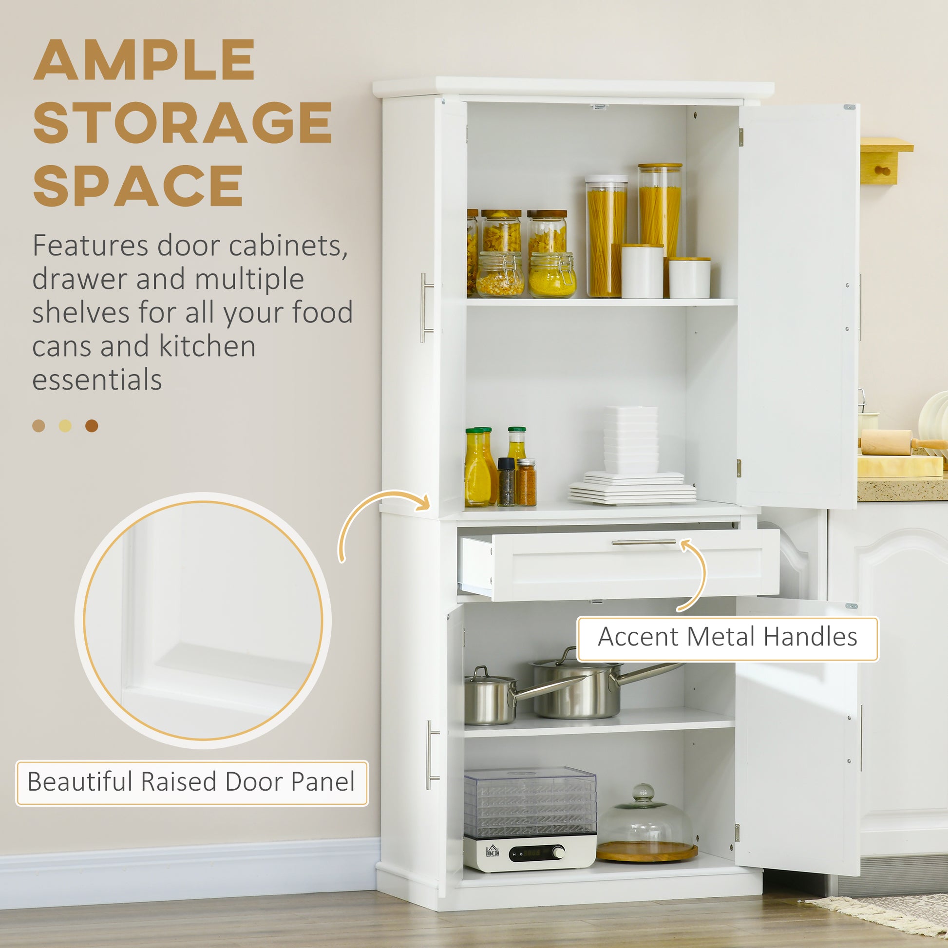 72" Kitchen Pantry Cabinet - White Freestanding 4-Door-DECOROLALA