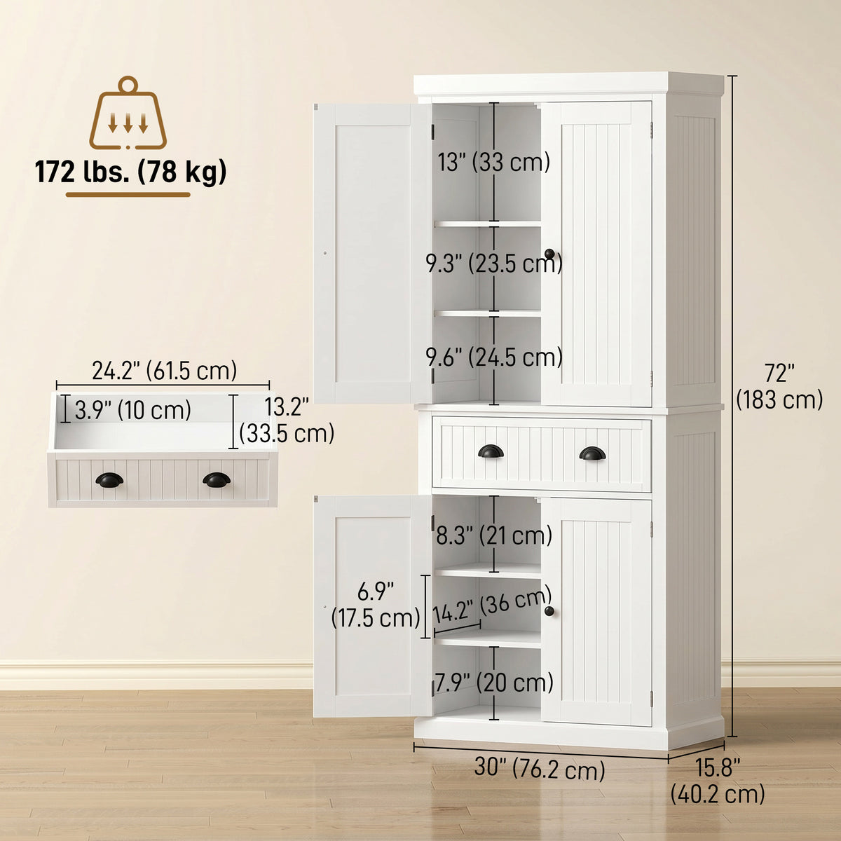 72" Kitchen Pantry Freestanding Storage Cabinet - White-Home Furnishings > Storage & Organization > Kitchen Pantry Cabinets-DECOROLALA
