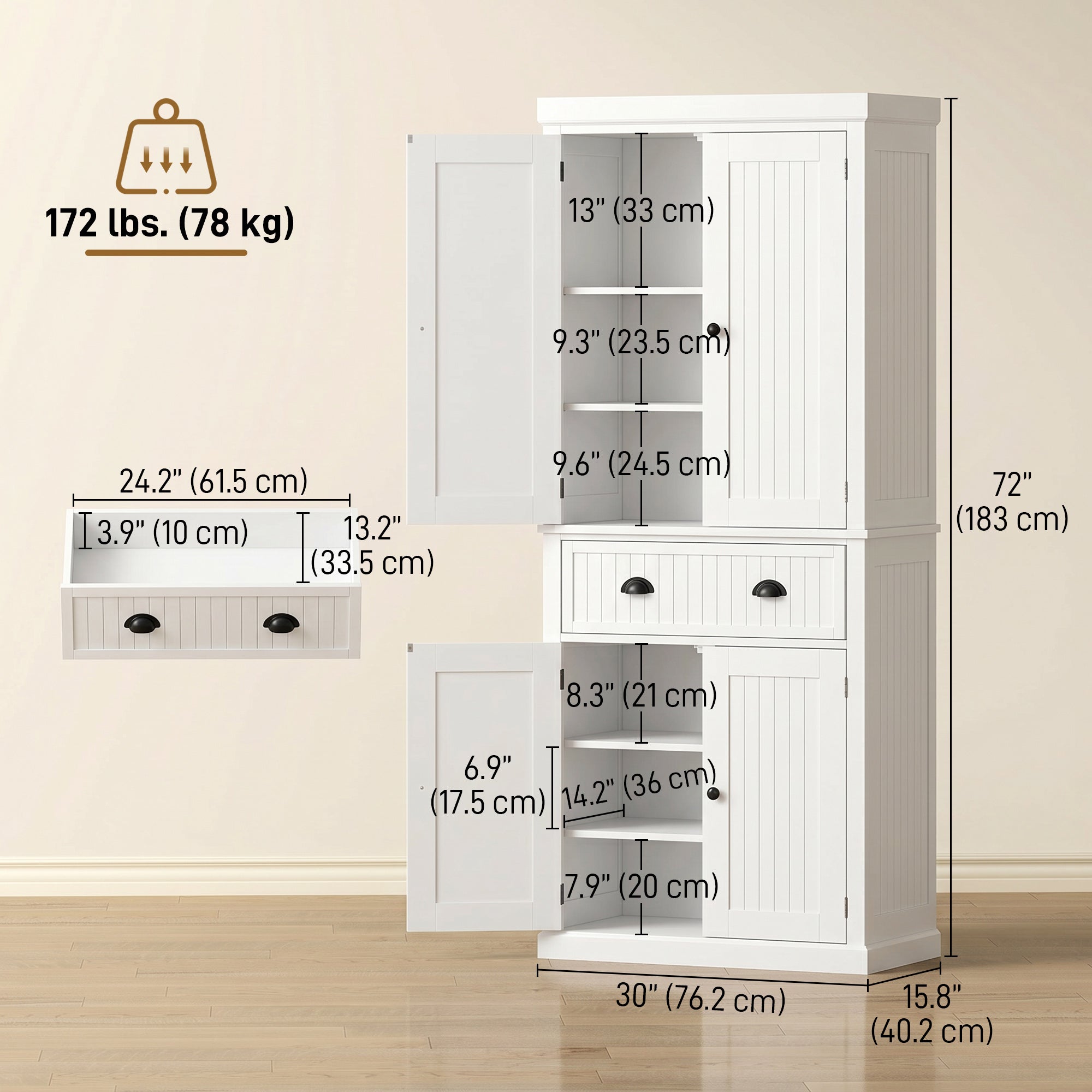 72" Kitchen Pantry Freestanding Storage Cabinet - White-Home Furnishings > Storage & Organization > Kitchen Pantry Cabinets-DECOROLALA