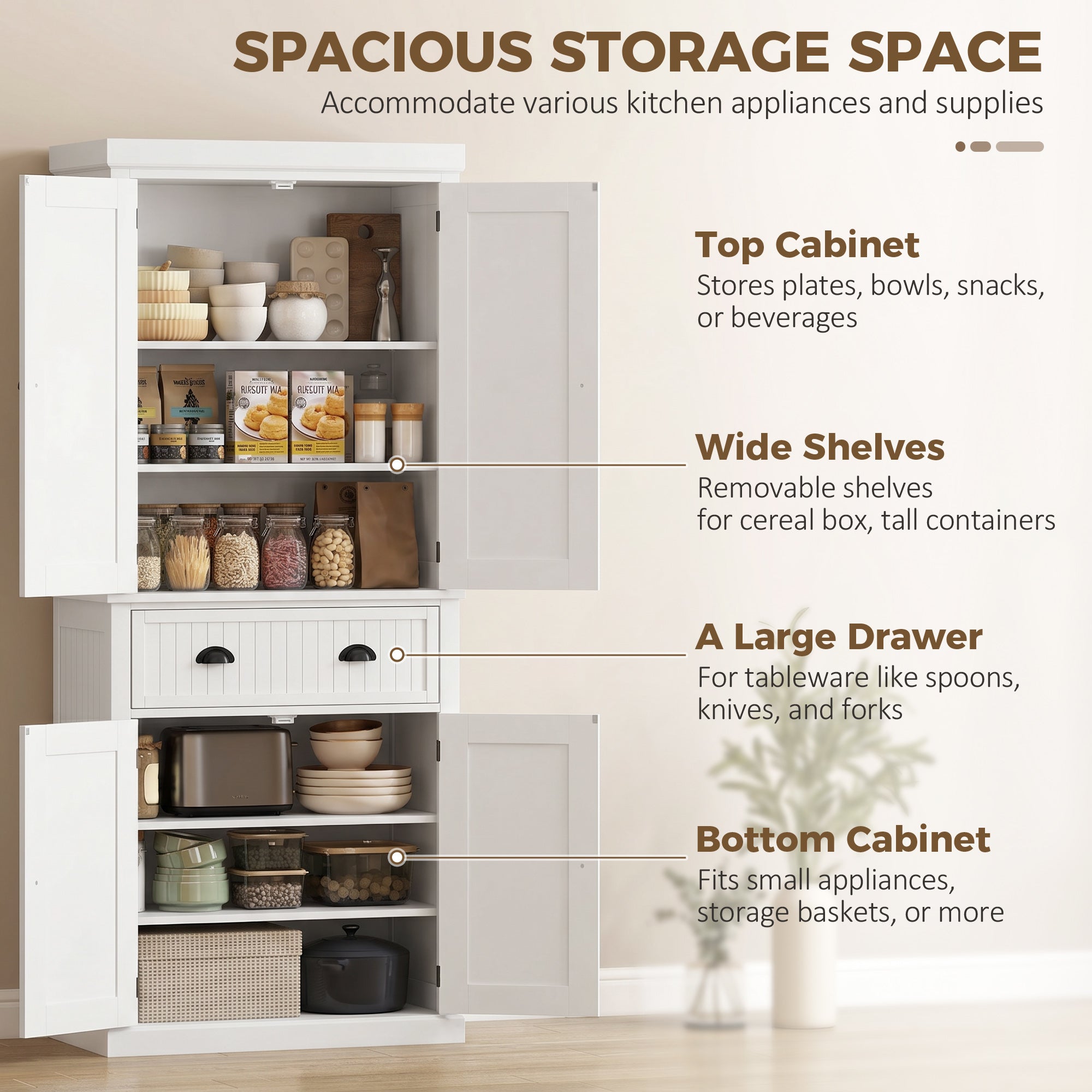 72" Kitchen Pantry, Freestanding Storage Cabinet with Drawer, Doors, White-Home Furnishings > Storage & Organization > Kitchen Pantry Cabinets-DECOROLALA