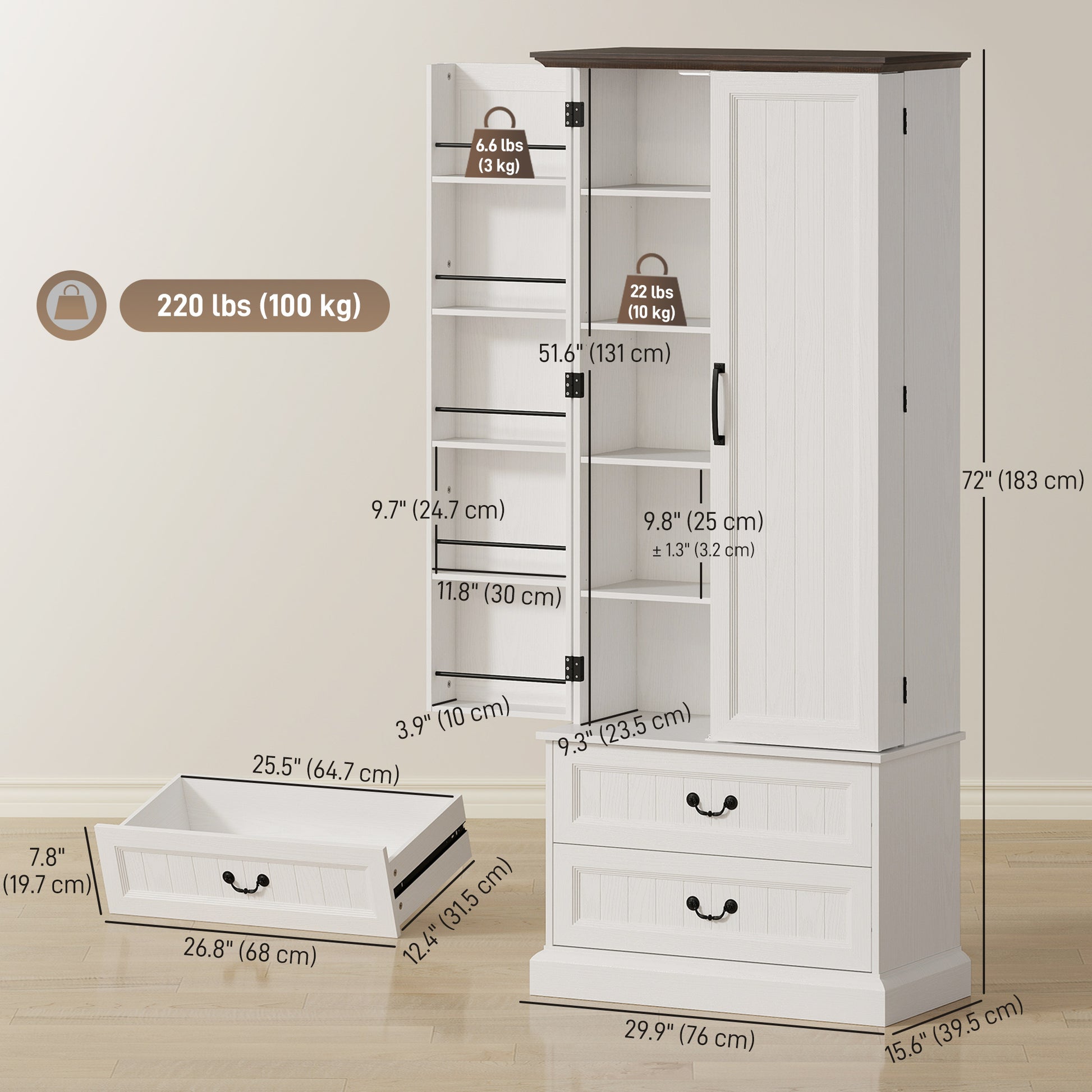 72" LED Kitchen Pantry Cabinet - White 10 Shelves 2 Drawers-DECOROLALA