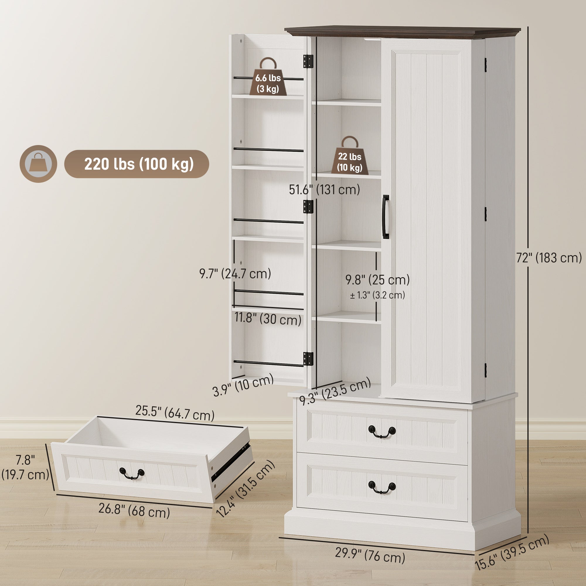 72" LED Kitchen Pantry Cabinet - White 10 Shelves 2 Drawers-DECOROLALA