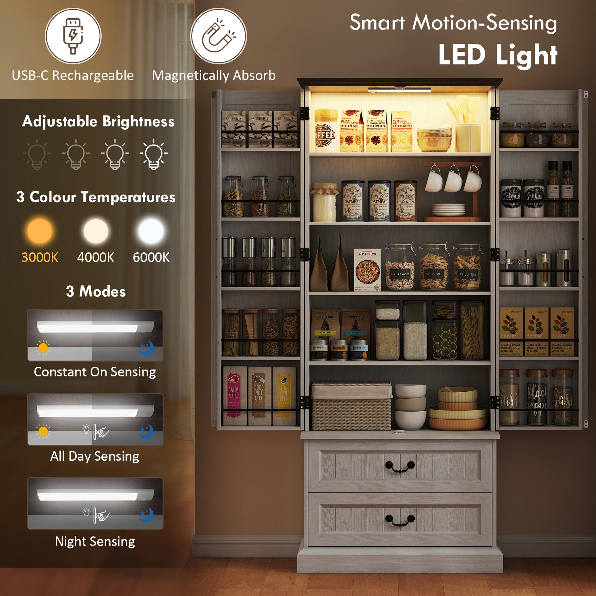 72" LED Kitchen Pantry Cabinet - White 10 Shelves 2 Drawers-DECOROLALA