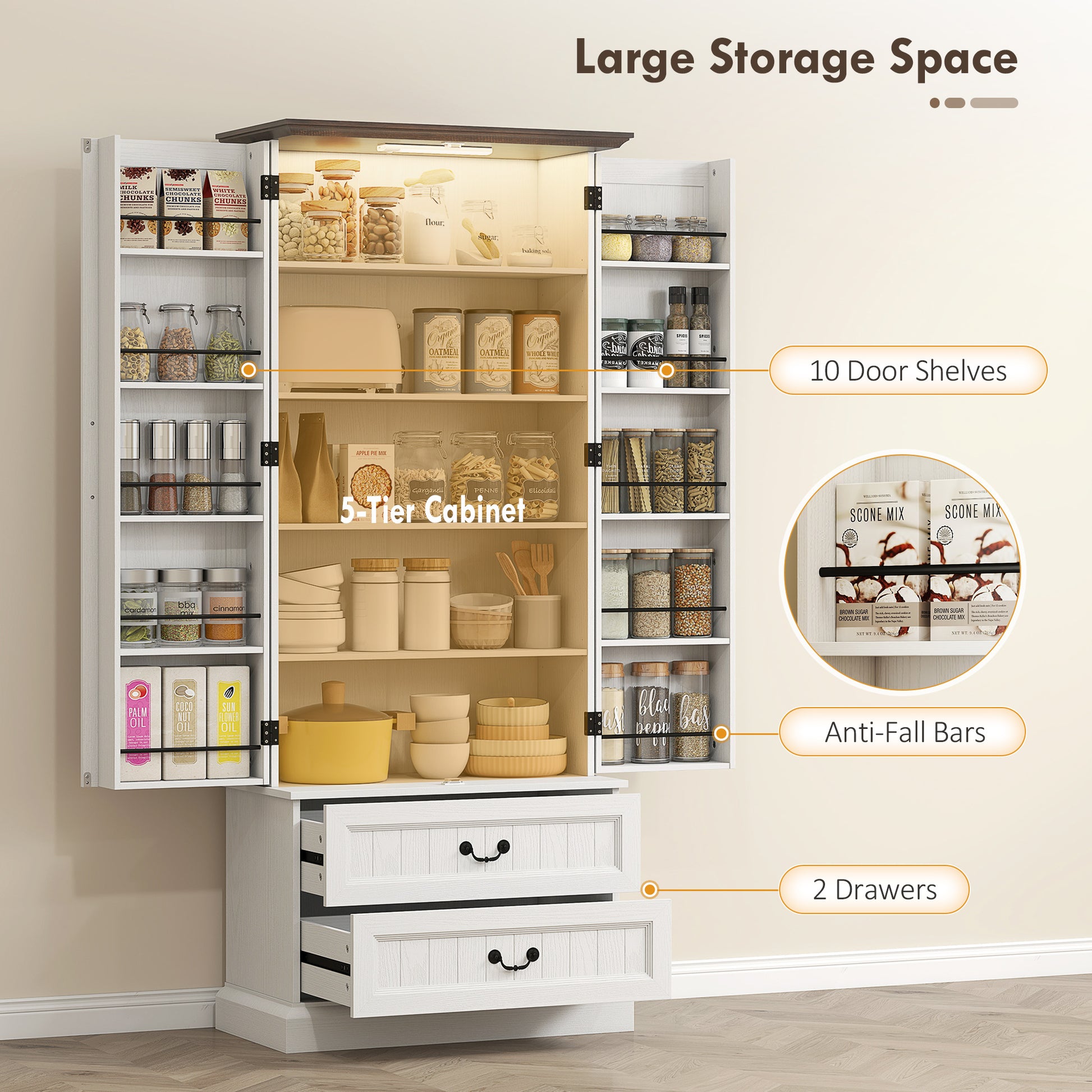 72" LED Kitchen Pantry Cabinet - White 10 Shelves 2 Drawers-DECOROLALA