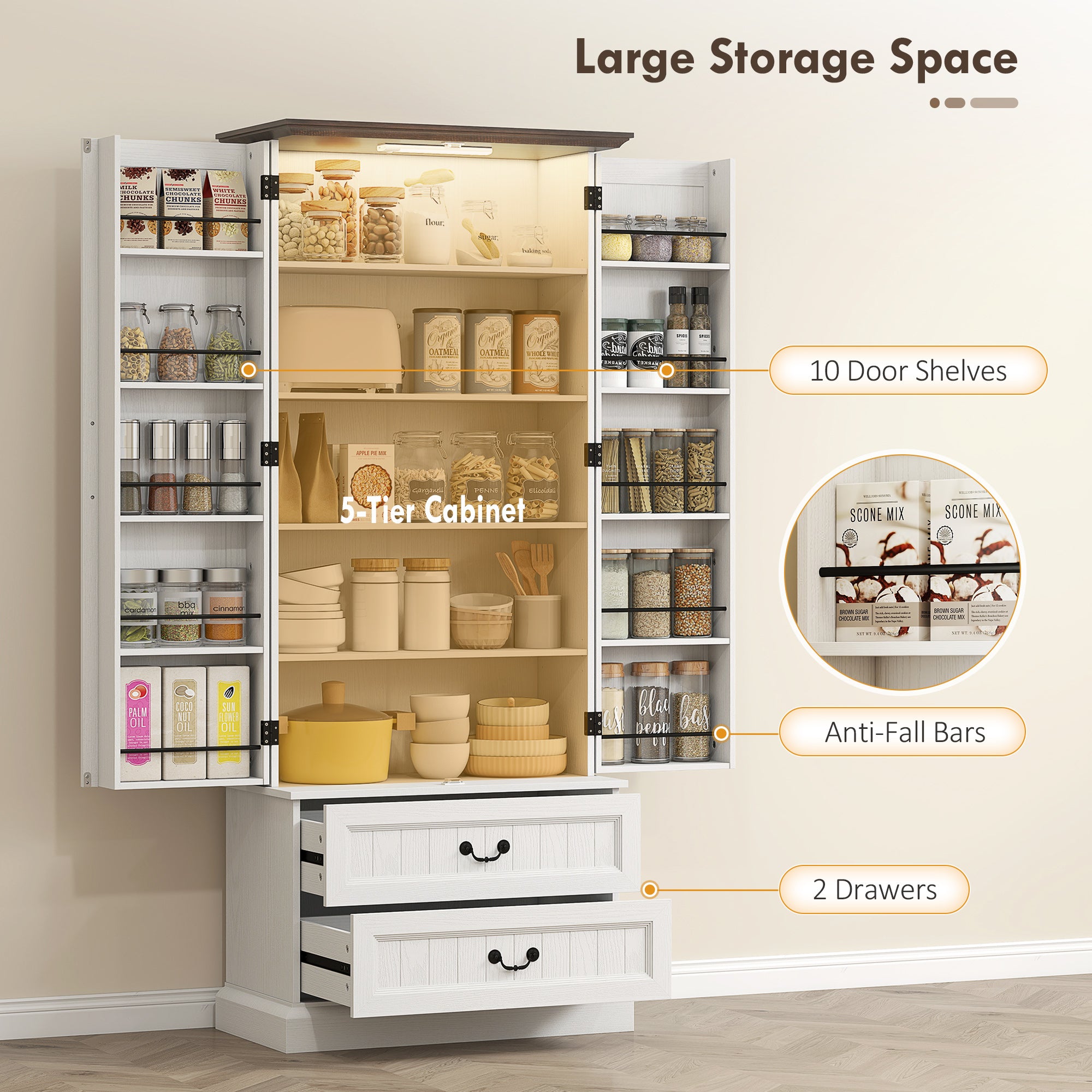 72" LED Kitchen Pantry Cabinet - White 10 Shelves 2 Drawers-DECOROLALA
