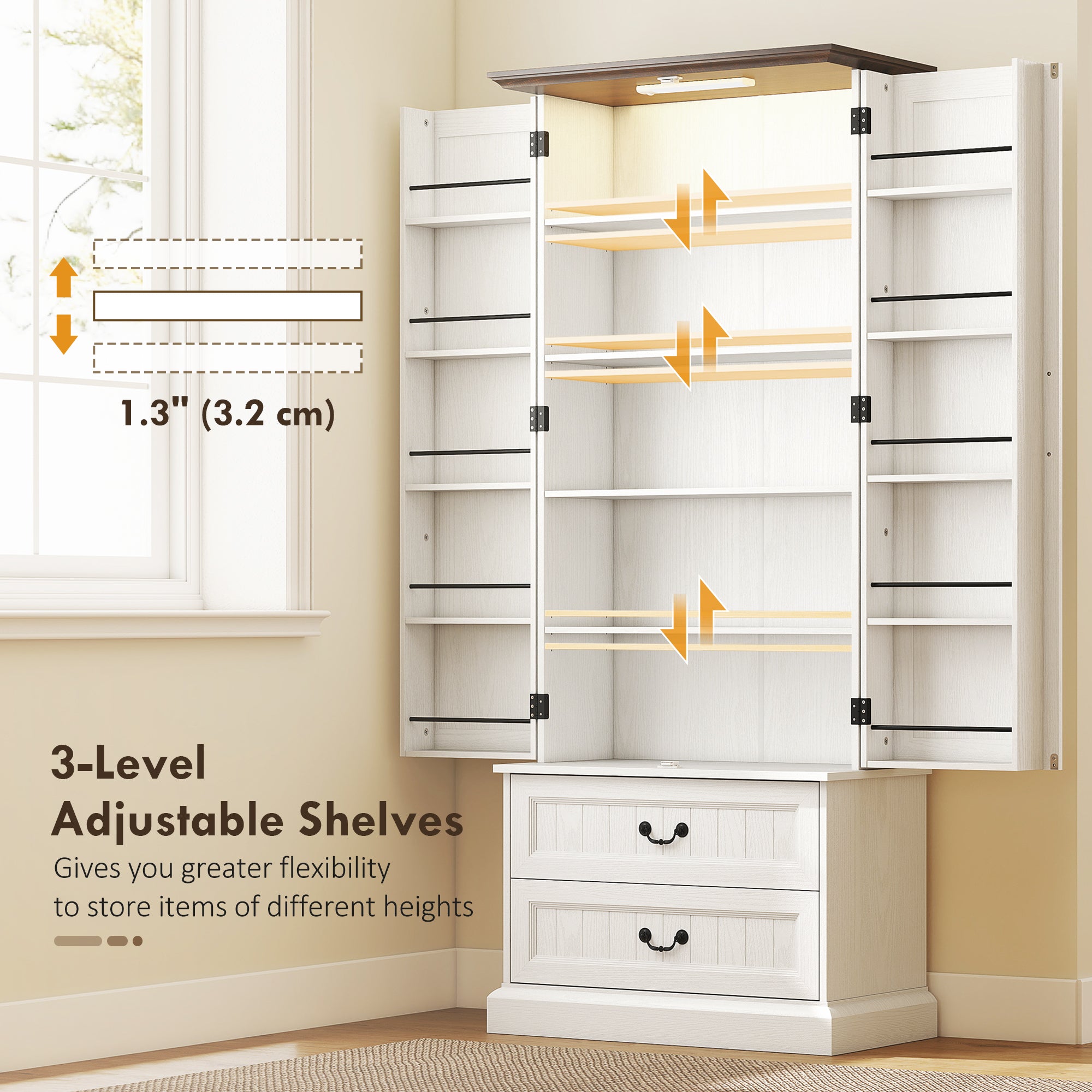 72" LED Kitchen Pantry Cabinet - White 10 Shelves 2 Drawers-DECOROLALA