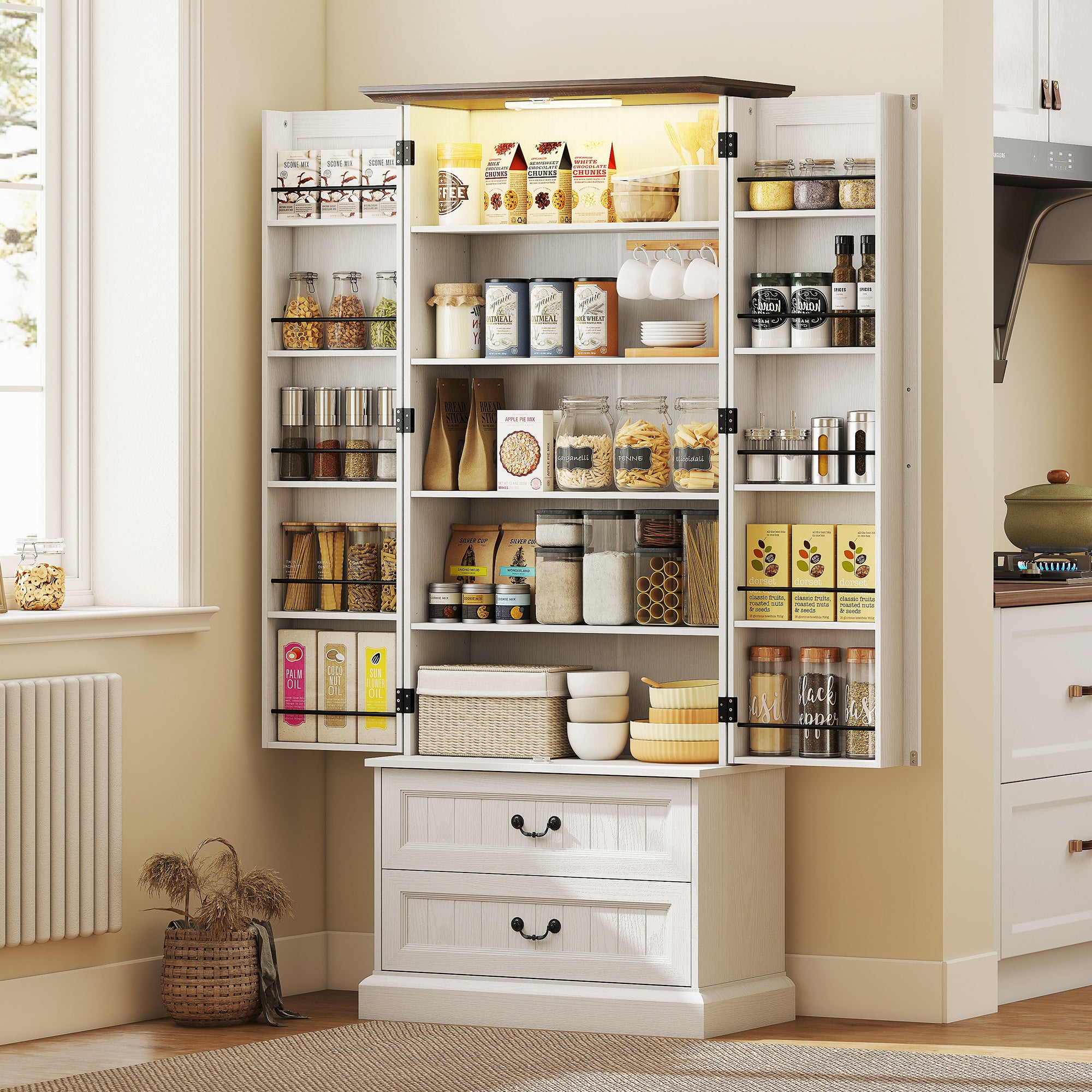 72" LED Kitchen Pantry Cabinet - White 10 Shelves 2 Drawers-DECOROLALA