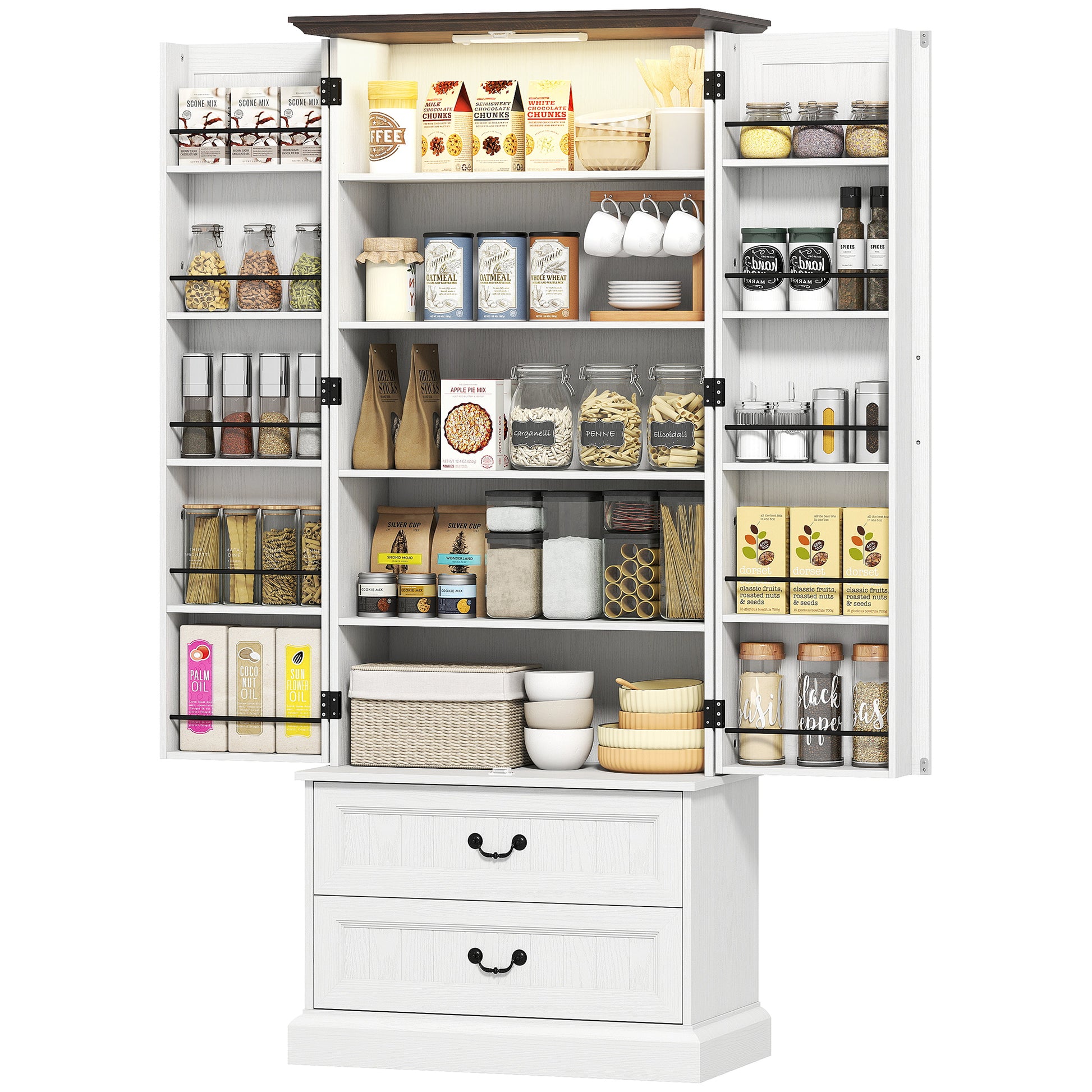 72" LED Kitchen Pantry Cabinet - White 10 Shelves 2 Drawers-DECOROLALA