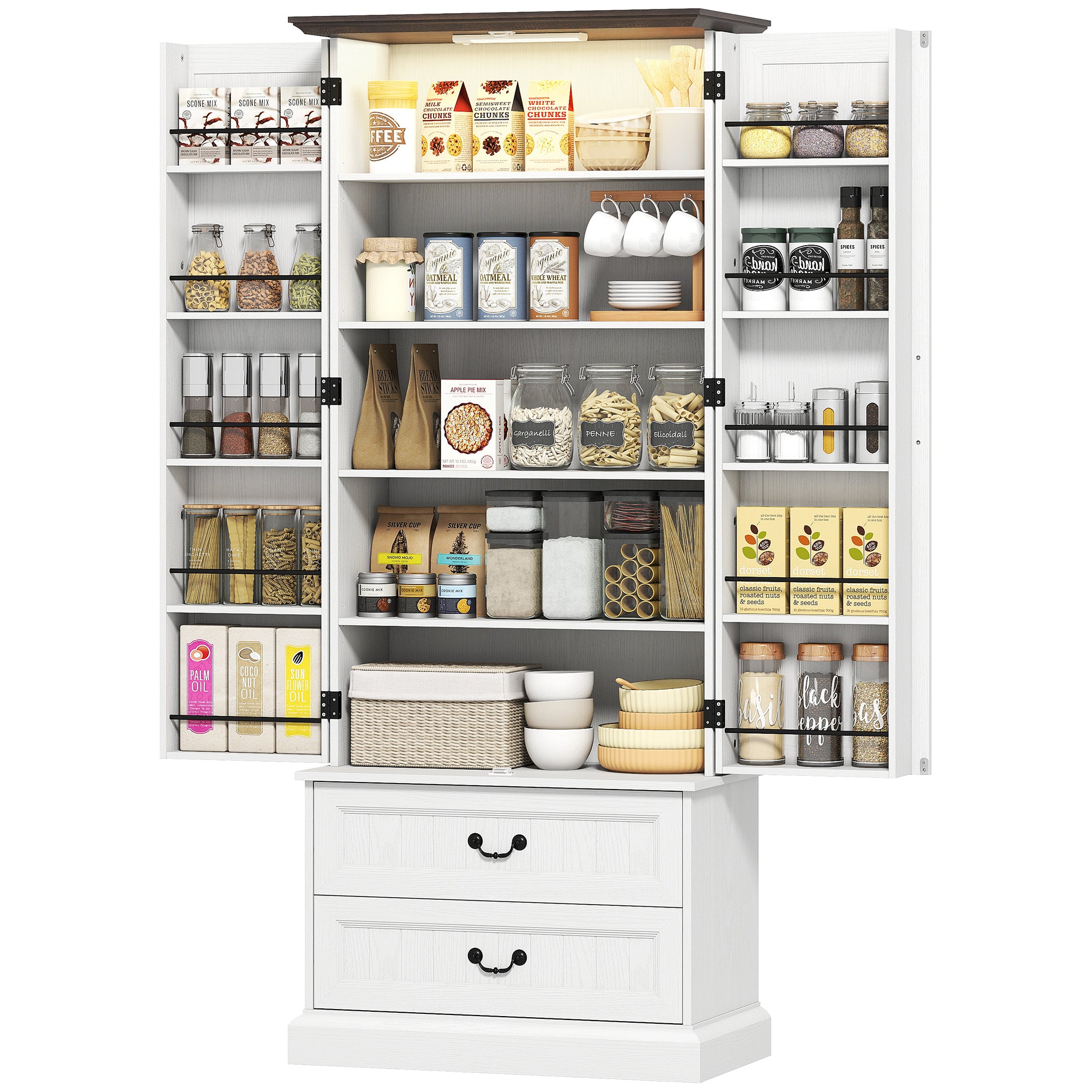72" LED Kitchen Pantry Cabinet - White 10 Shelves 2 Drawers-DECOROLALA
