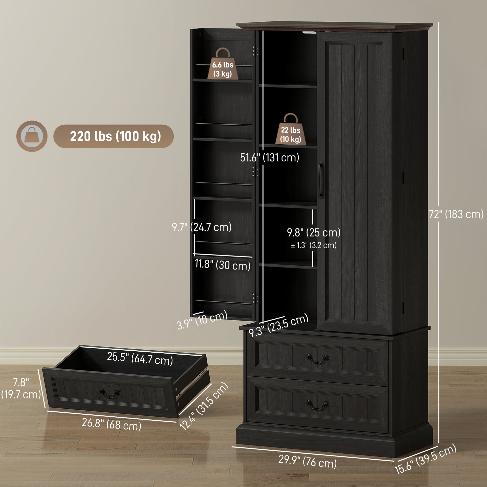 72" LED Pantry Cabinet, Buffet Storage, 10 Door Shelves, 2 Drawers, Adjustable, Black-DECOROLALA