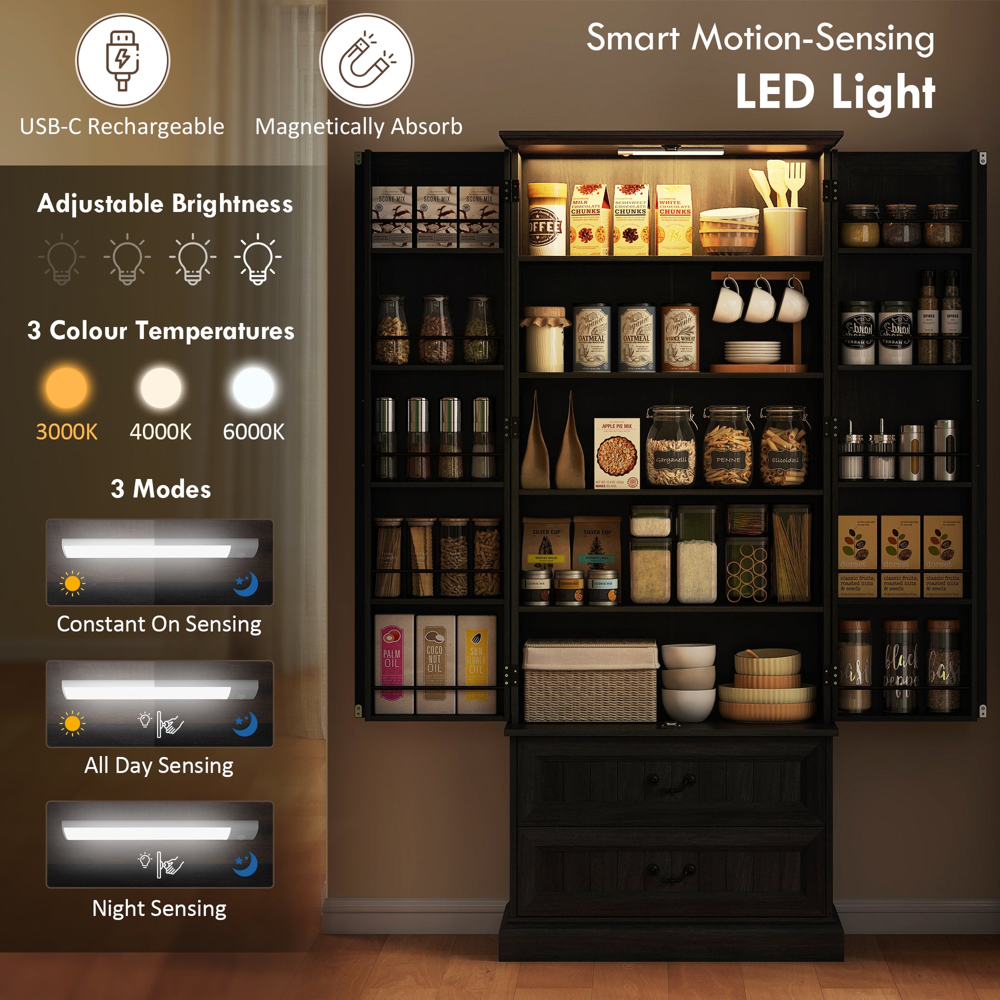 72" LED Pantry Cabinet, Buffet Storage, 10 Door Shelves, 2 Drawers, Adjustable, Black-DECOROLALA