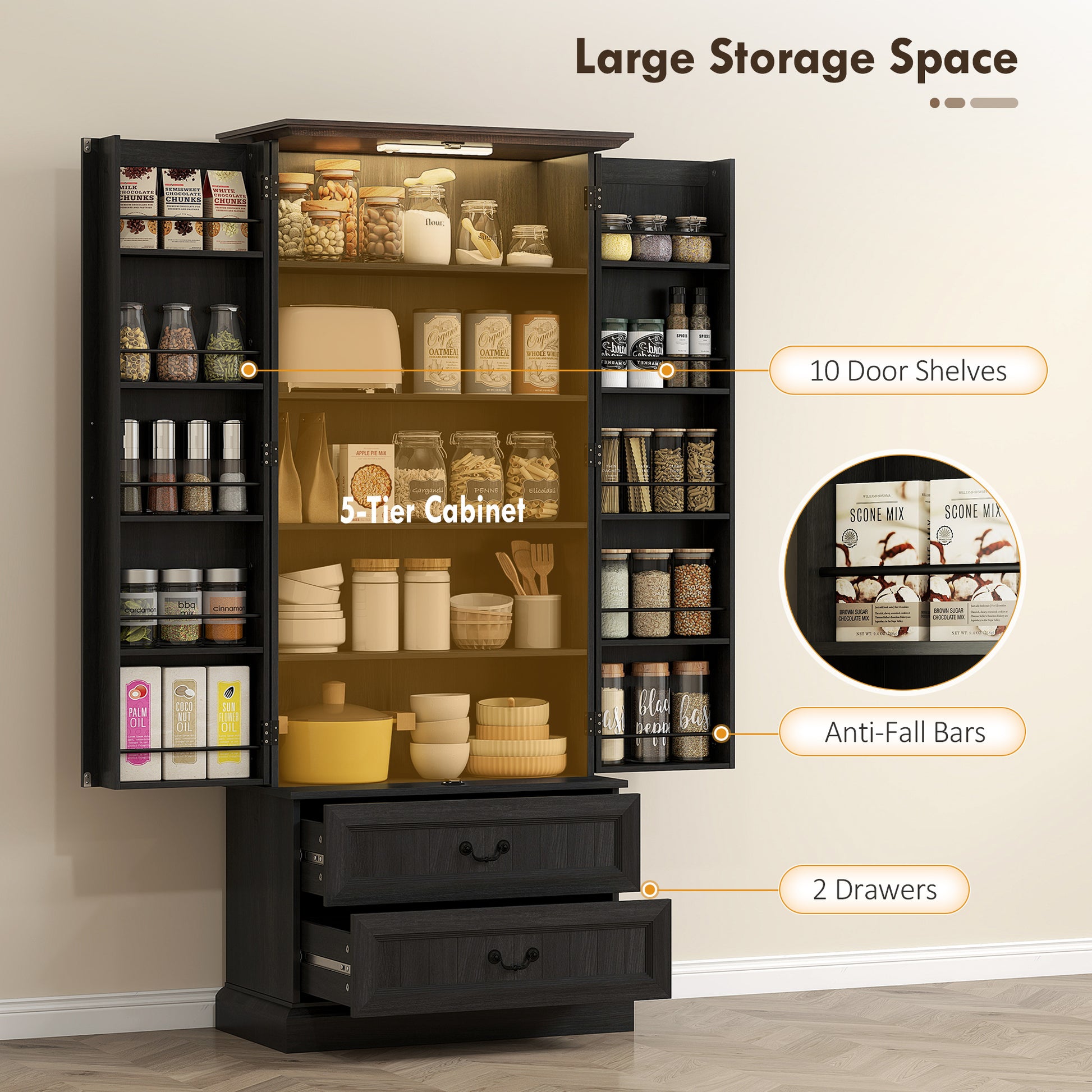 72" LED Pantry Cabinet, Buffet Storage, 10 Door Shelves, 2 Drawers, Adjustable, Black-DECOROLALA