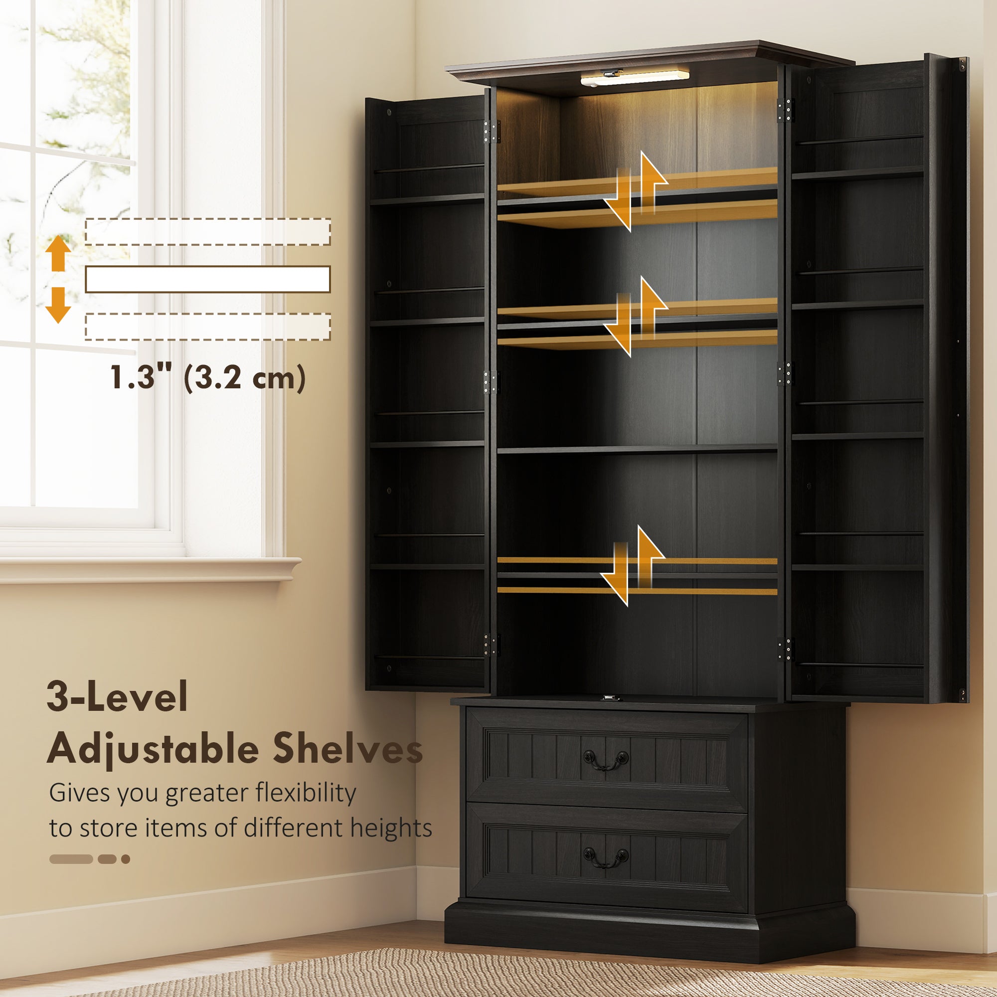 72" LED Pantry Cabinet, Buffet Storage, 10 Door Shelves, 2 Drawers, Adjustable, Black-DECOROLALA
