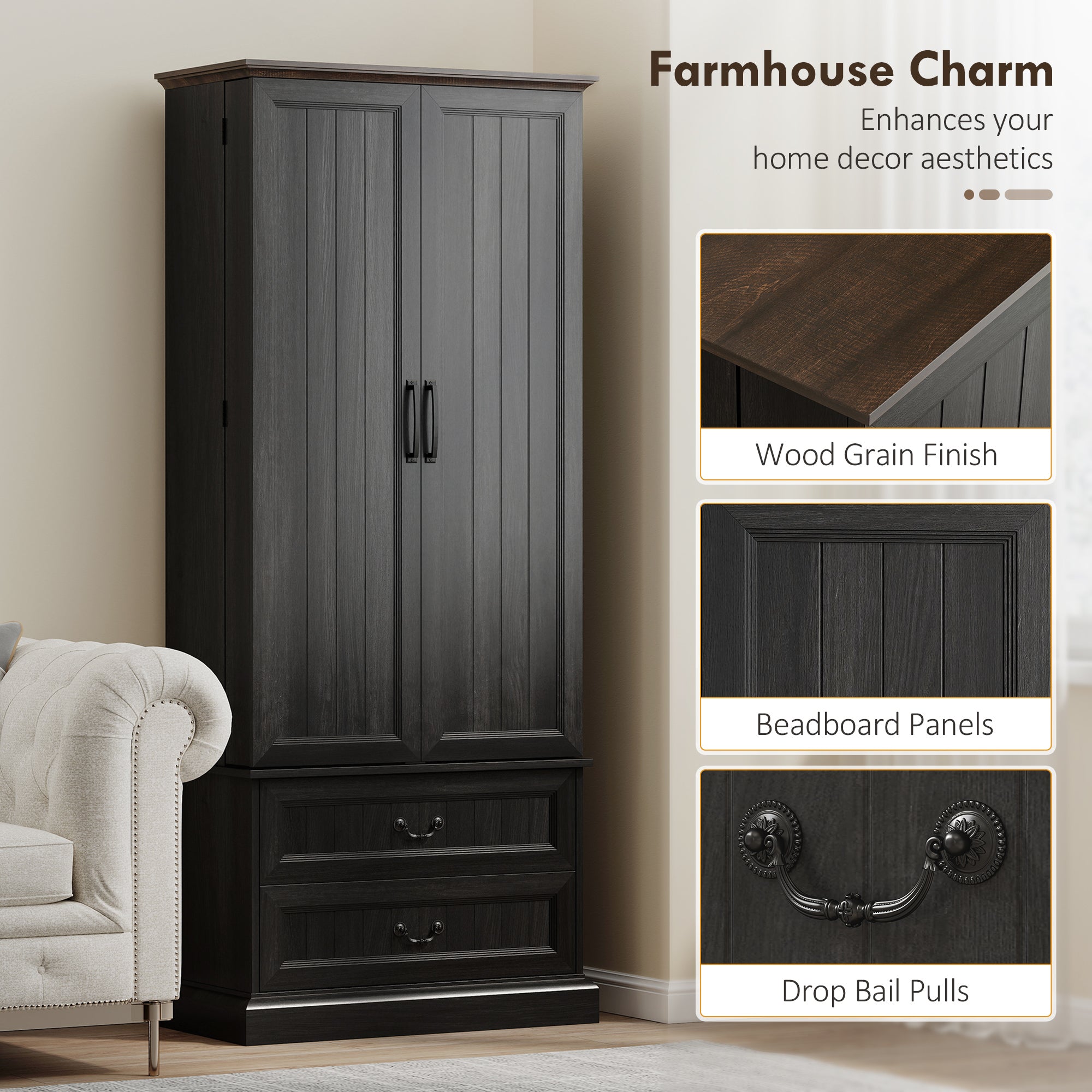 72" LED Pantry Cabinet, Buffet Storage, 10 Door Shelves, 2 Drawers, Adjustable, Black-DECOROLALA