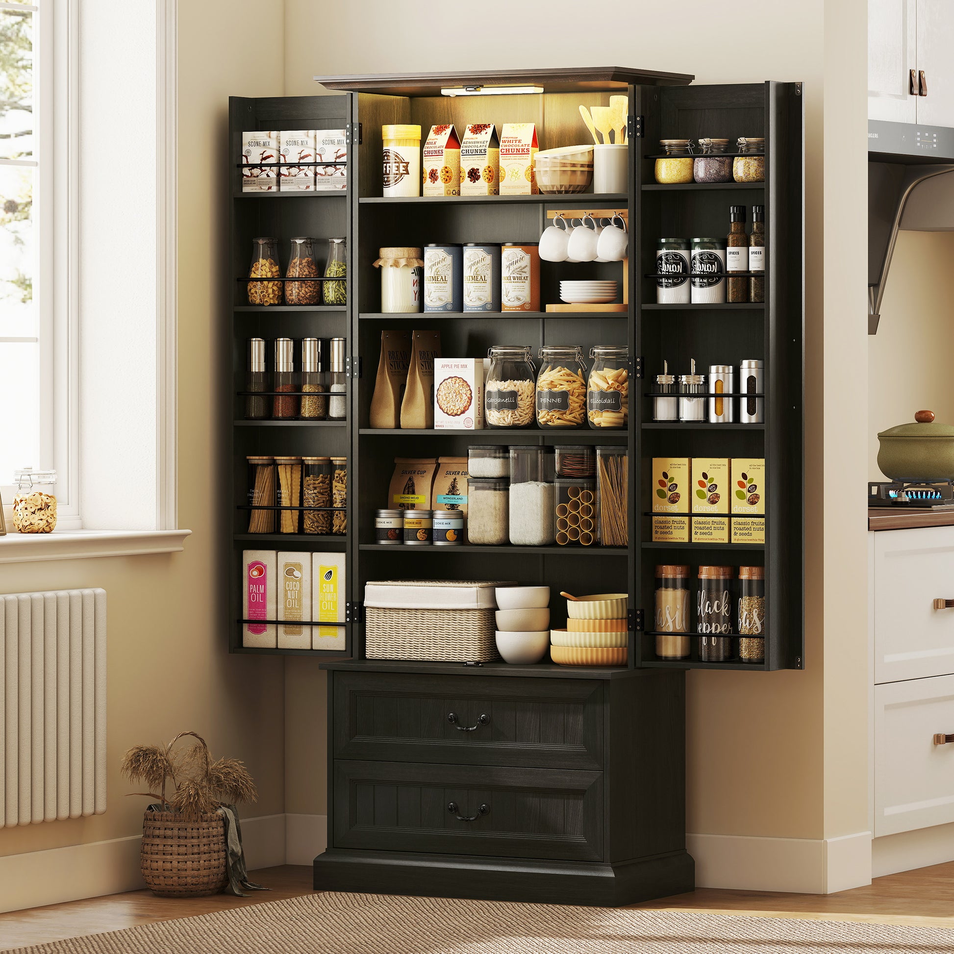 72" LED Pantry Cabinet, Buffet Storage, 10 Door Shelves, 2 Drawers, Adjustable, Black-DECOROLALA