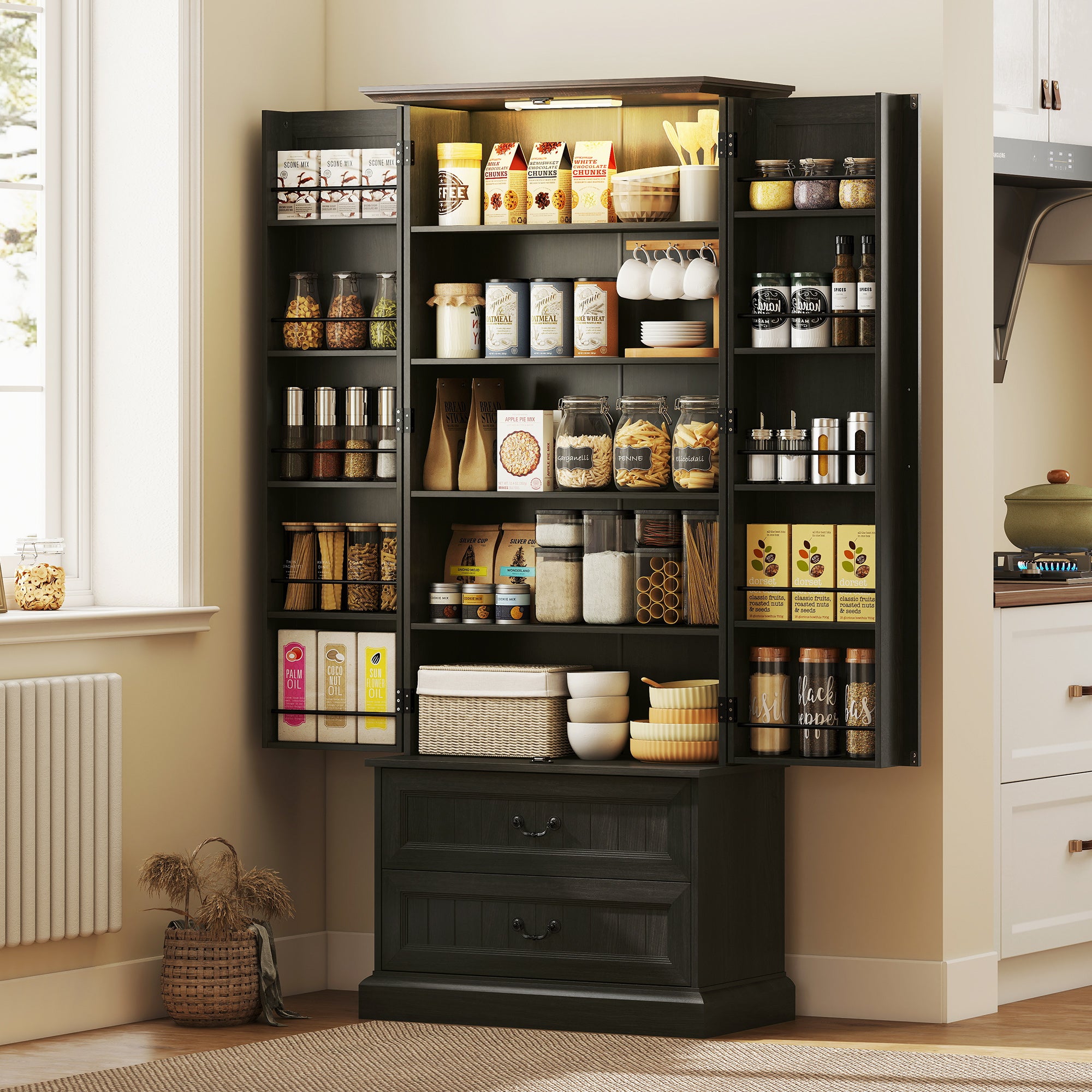 72" LED Pantry Cabinet, Buffet Storage, 10 Door Shelves, 2 Drawers, Adjustable, Black-DECOROLALA