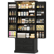 72" LED Pantry Cabinet, Buffet Storage, 10 Door Shelves, 2 Drawers, Adjustable, Black-DECOROLALA