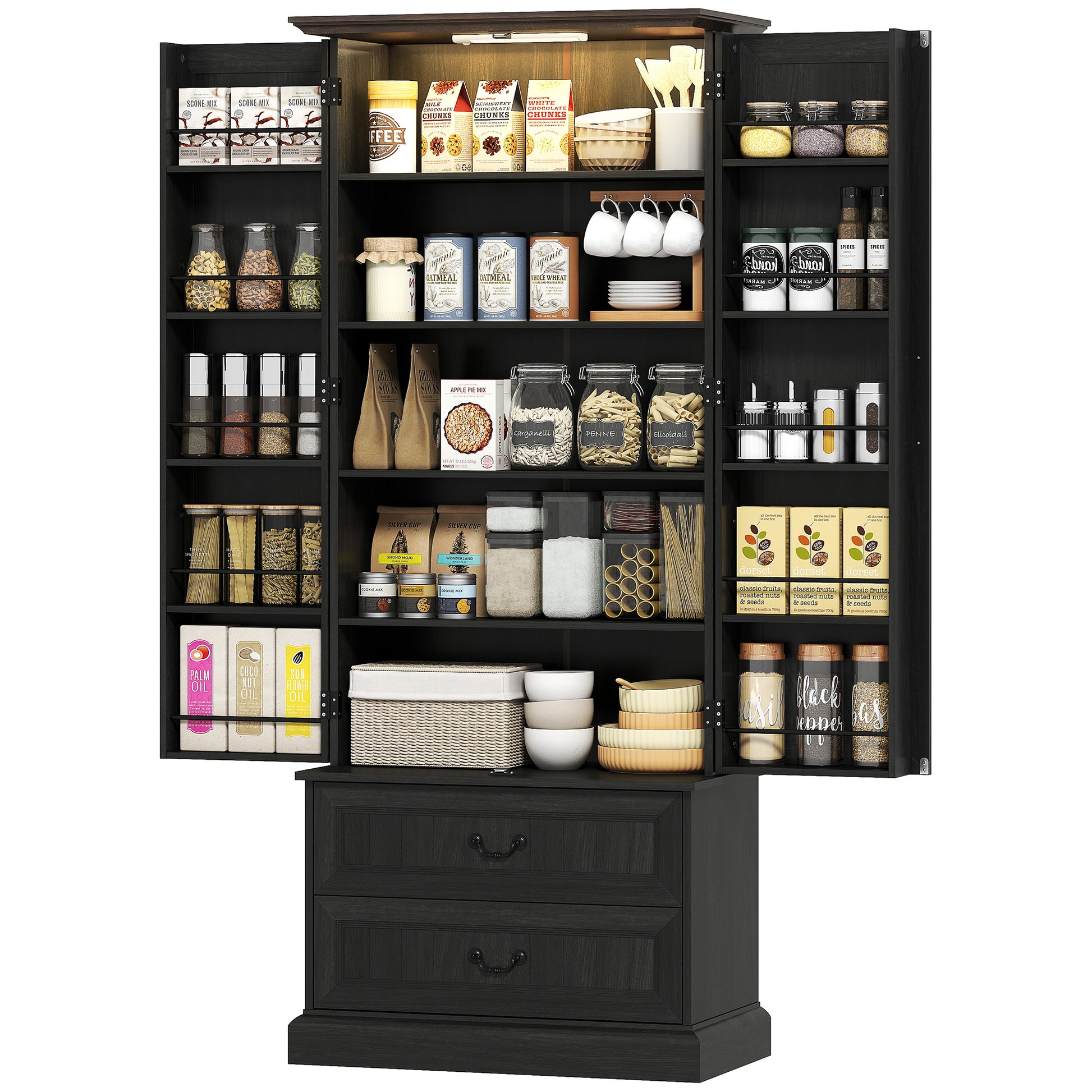 72" LED Pantry Cabinet, Buffet Storage, 10 Door Shelves, 2 Drawers, Adjustable, Black-DECOROLALA