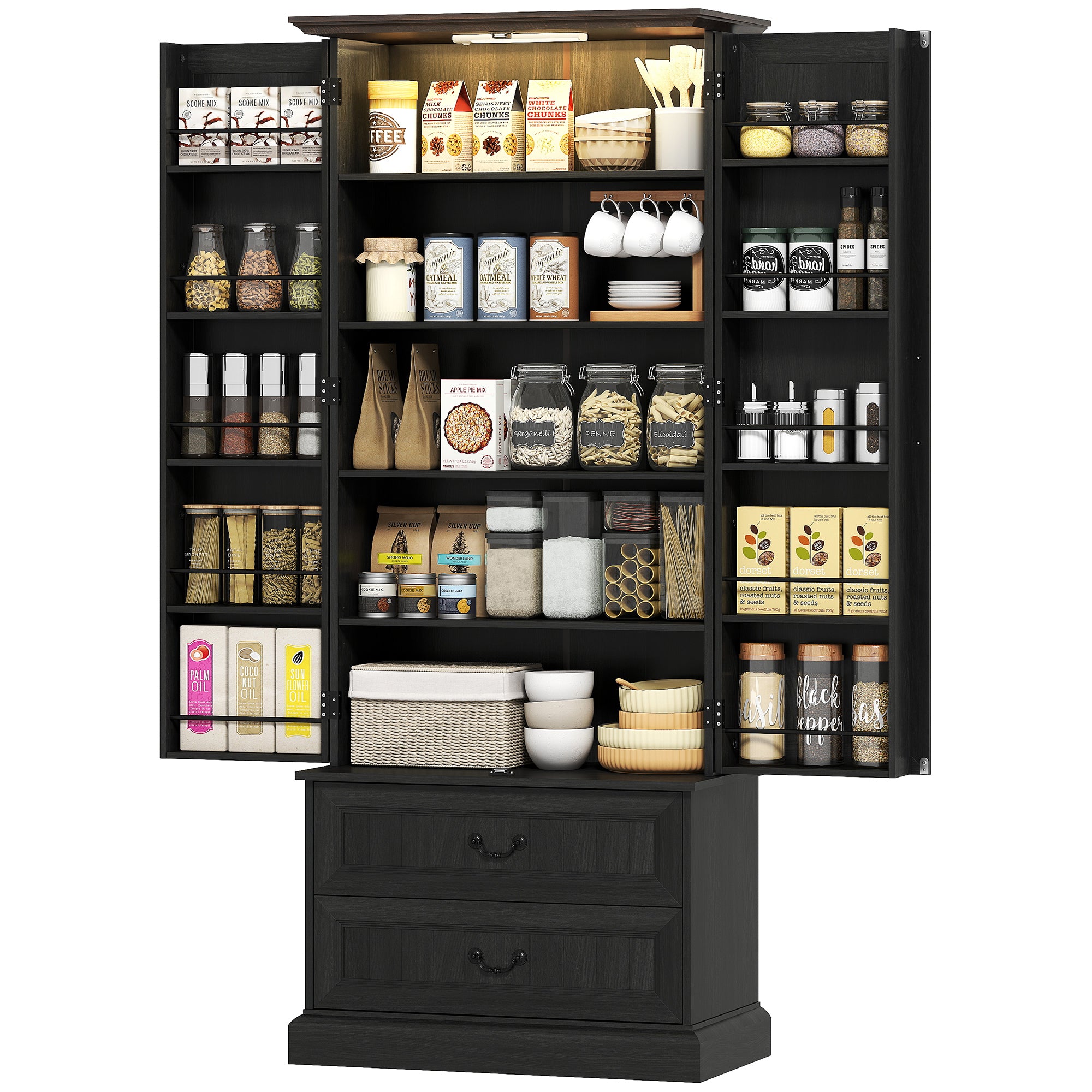 72" LED Pantry Cabinet, Buffet Storage, 10 Door Shelves, 2 Drawers, Adjustable, Black-DECOROLALA