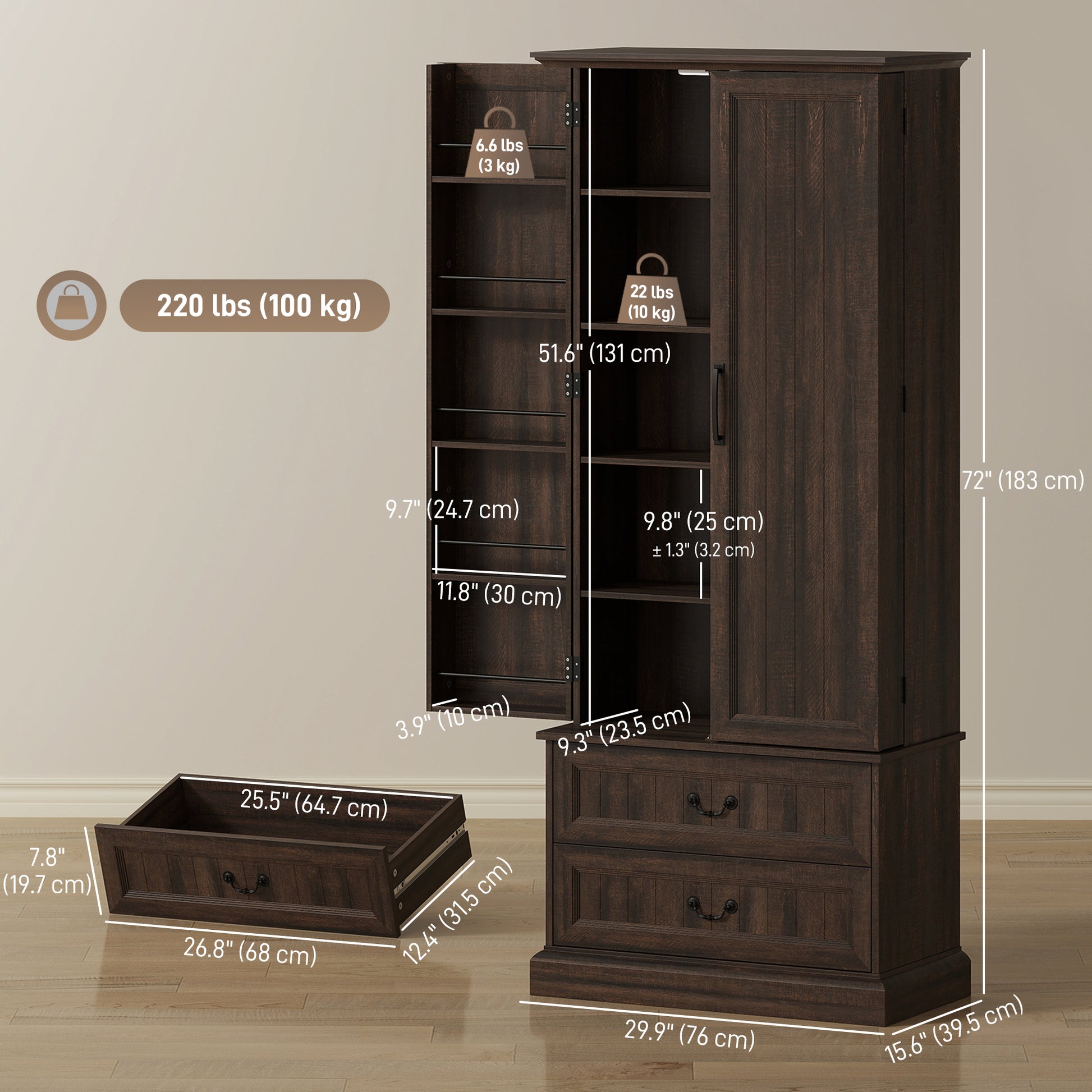 72" LED Pantry Cabinet - Buffet Storage with Adjustable Shelves, Brown-DECOROLALA