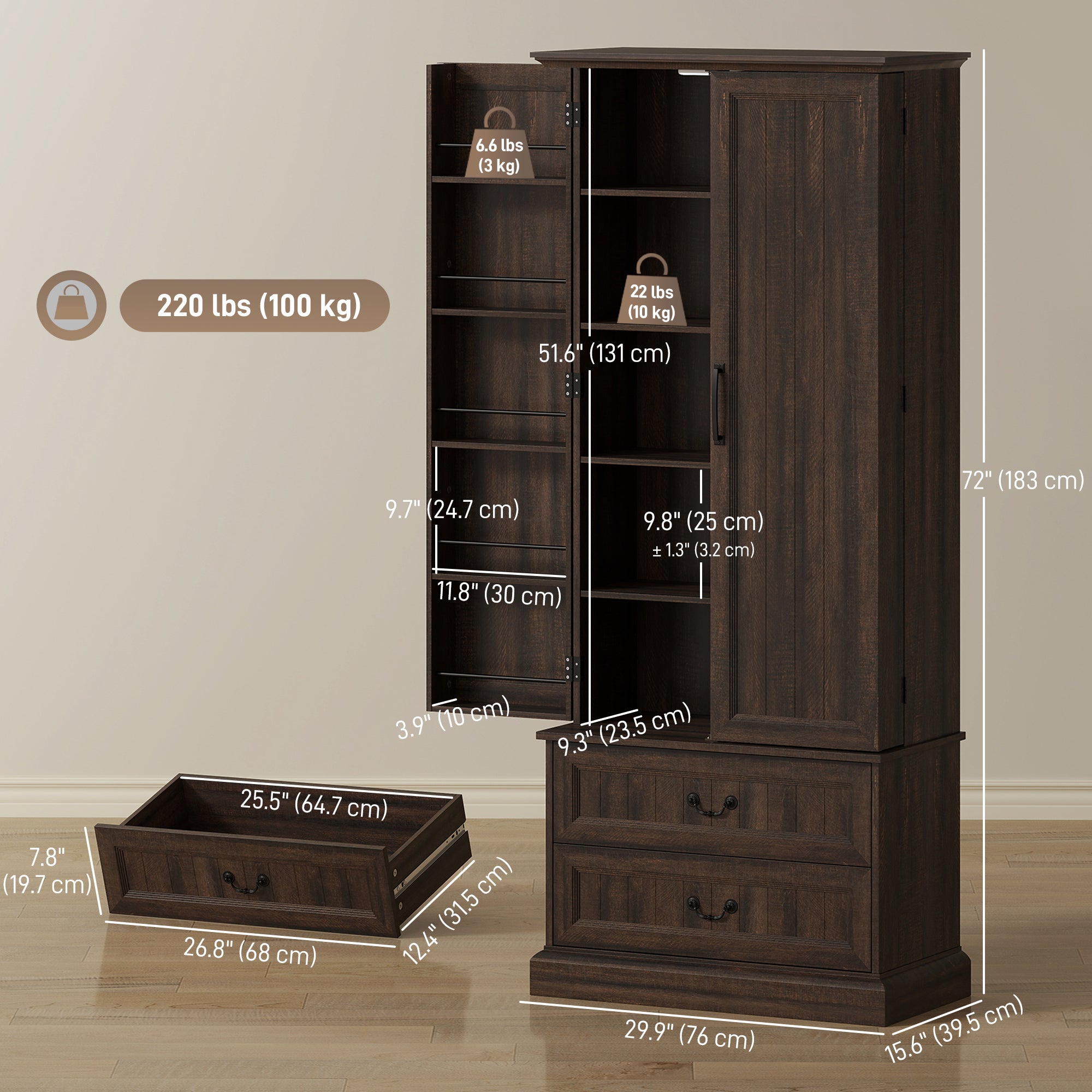 72" LED Pantry Cabinet - Buffet Storage with Adjustable Shelves, Brown-DECOROLALA