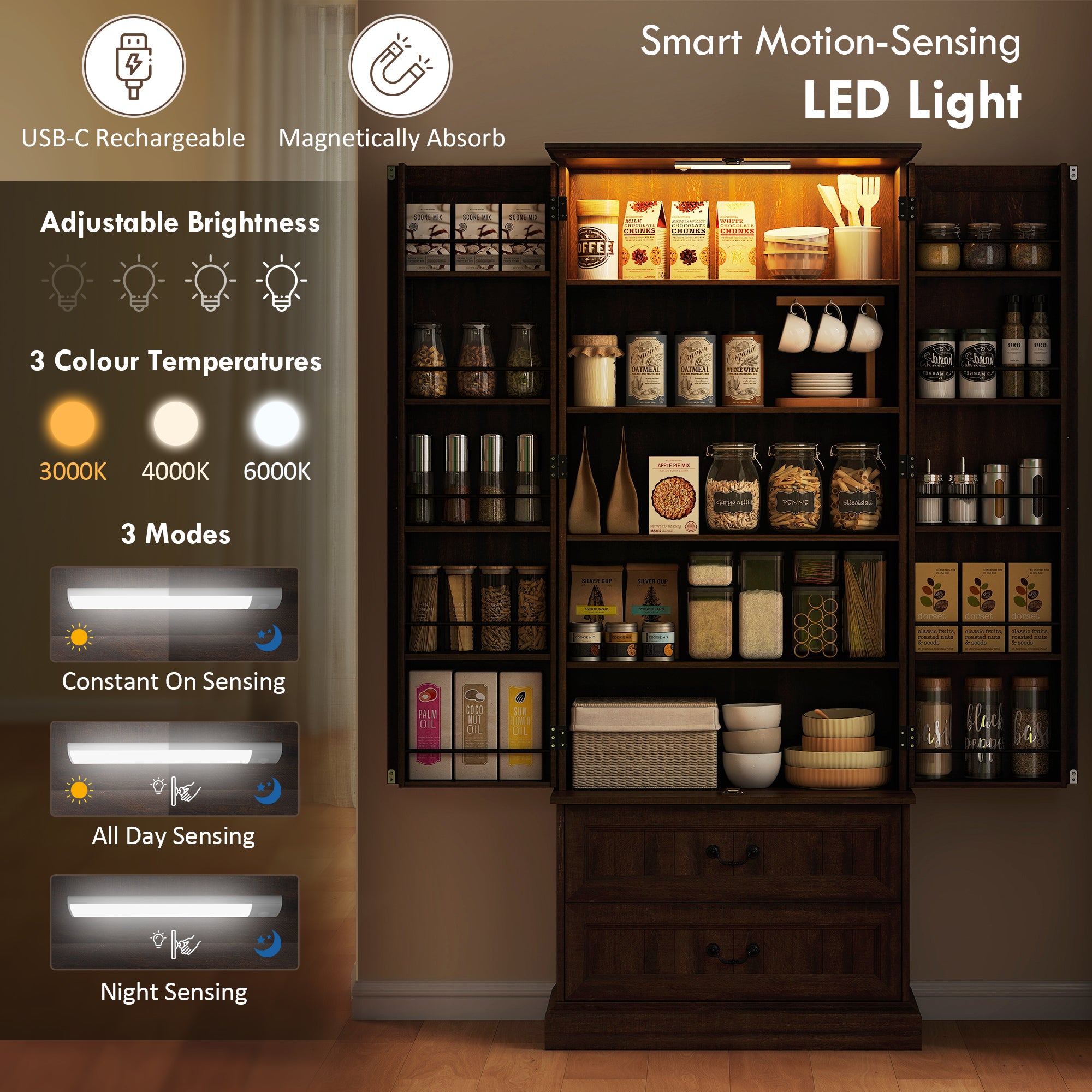 72" LED Pantry Cabinet - Buffet Storage with Adjustable Shelves, Brown-DECOROLALA
