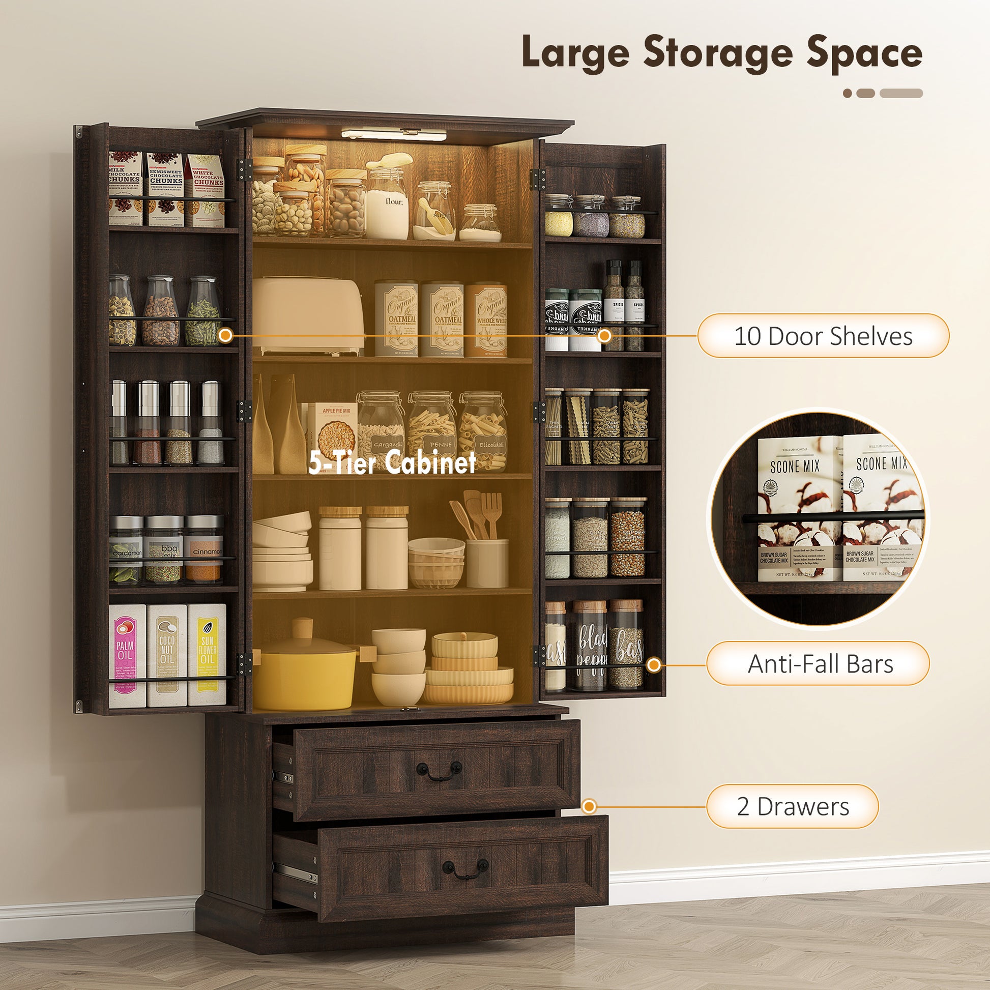 72" LED Pantry Cabinet - Buffet Storage with Adjustable Shelves, Brown-DECOROLALA