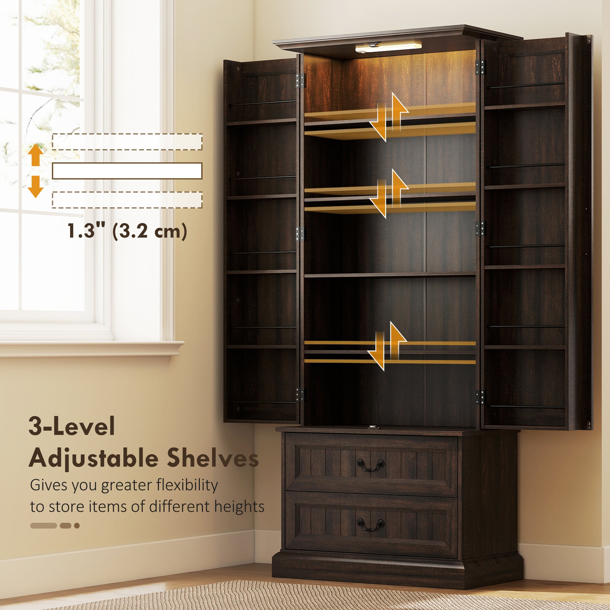 72" LED Pantry Cabinet - Buffet Storage with Adjustable Shelves, Brown-DECOROLALA
