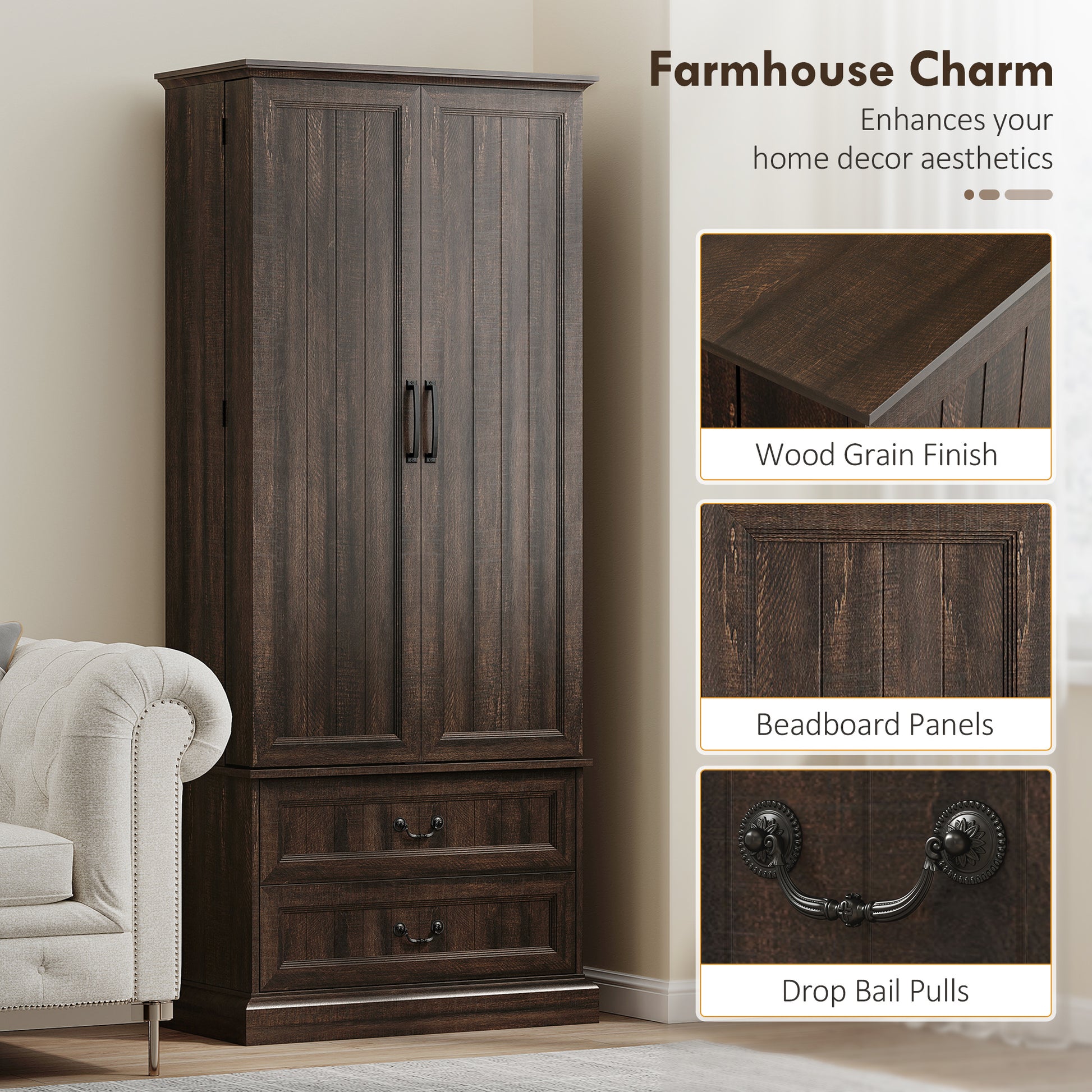72" LED Pantry Cabinet - Buffet Storage with Adjustable Shelves, Brown-DECOROLALA