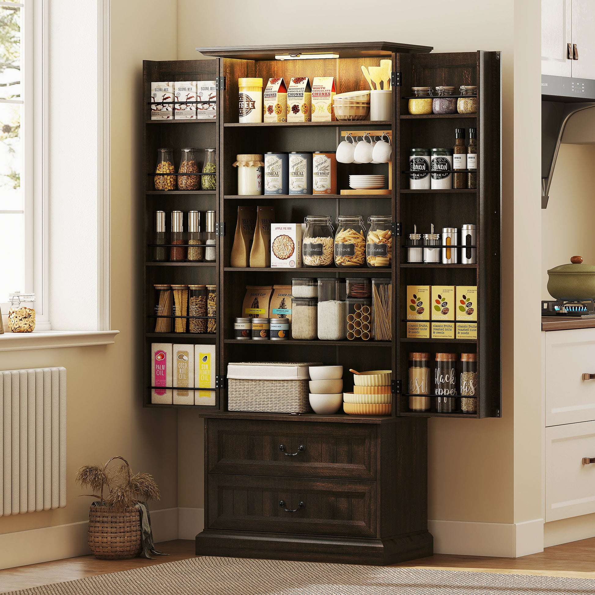 72" LED Pantry Cabinet - Buffet Storage with Adjustable Shelves, Brown-DECOROLALA