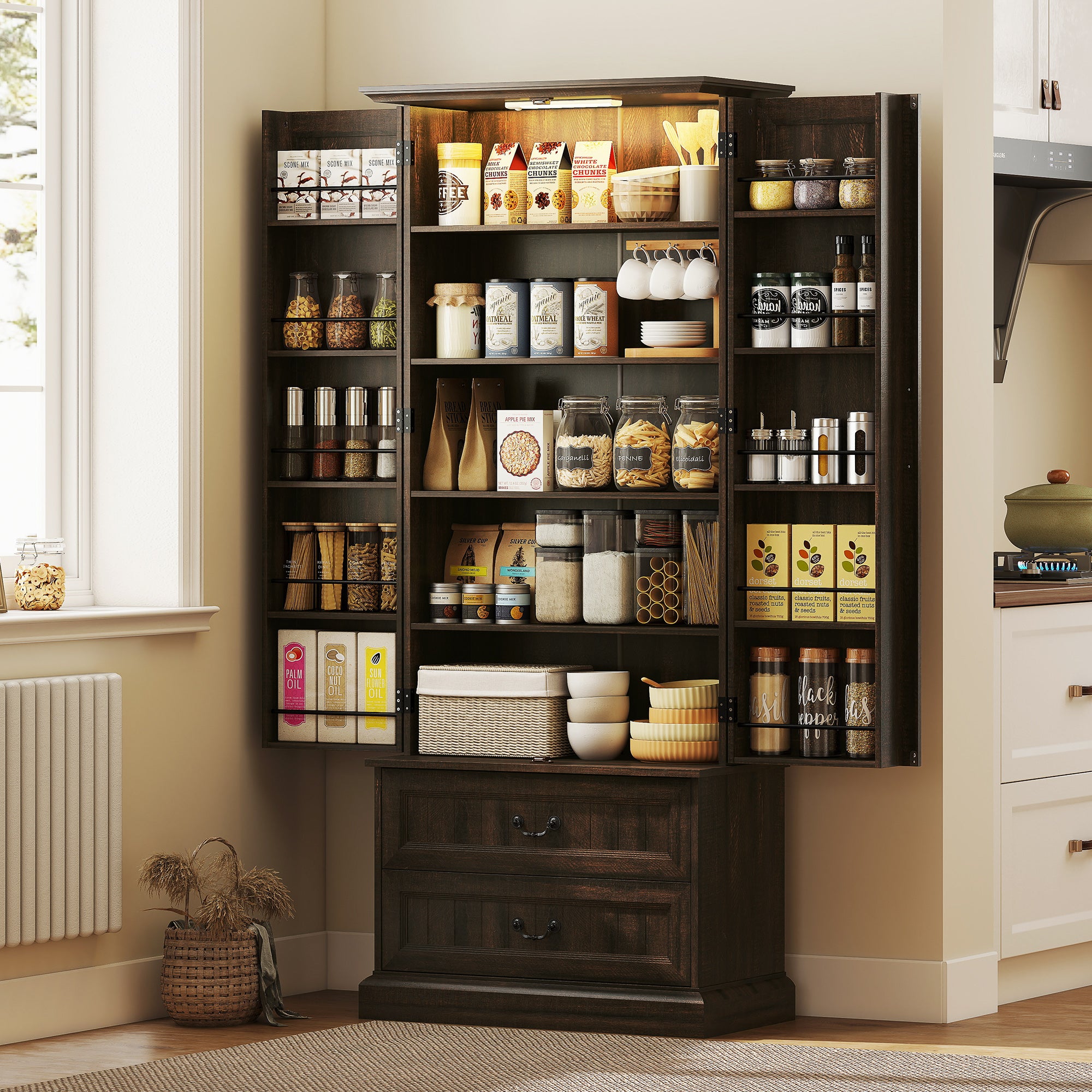 72" LED Pantry Cabinet - Buffet Storage with Adjustable Shelves, Brown-DECOROLALA