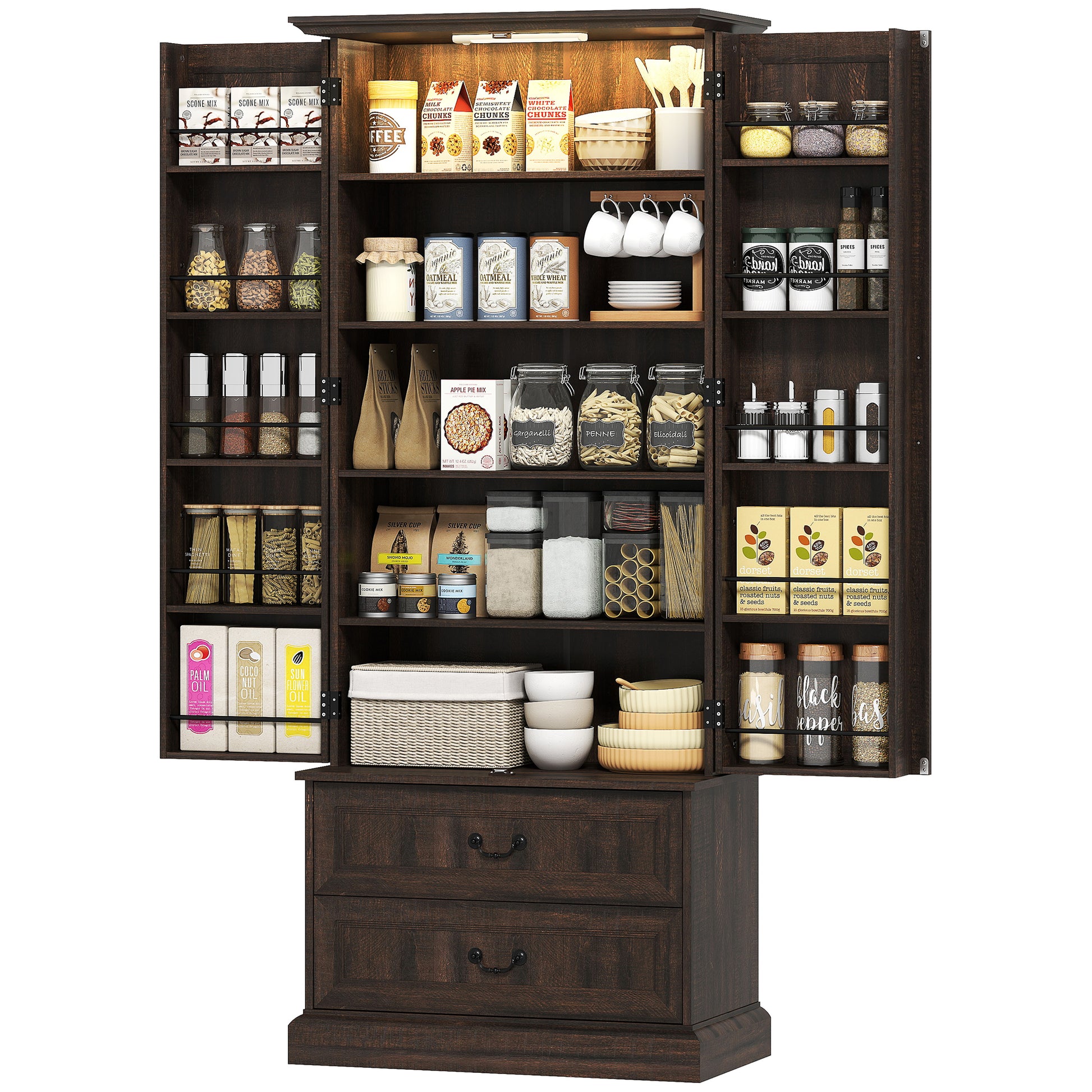72" LED Pantry Cabinet - Buffet Storage with Adjustable Shelves, Brown-DECOROLALA