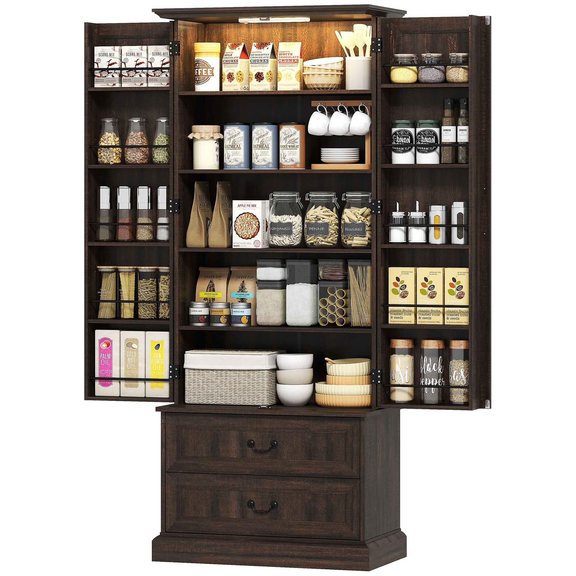 72" LED Pantry Cabinet - Buffet Storage with Adjustable Shelves, Brown-DECOROLALA