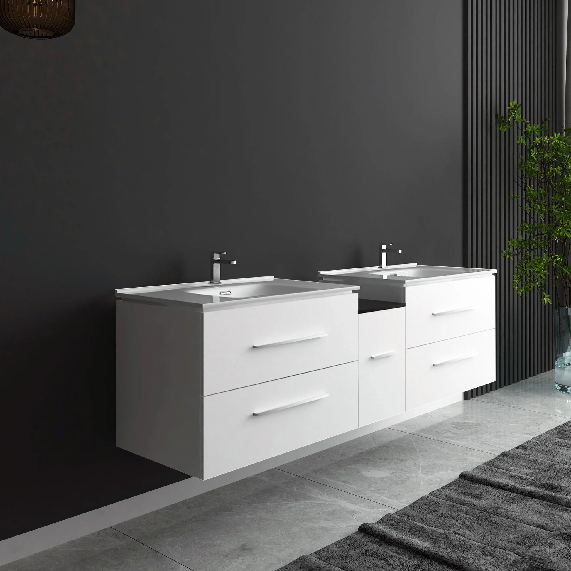 72" Matte White Double Sink Wall Mount Bathroom Vanity with White Ceramic Countertop-Migration_Bathroom Vanities-DECOROLALA